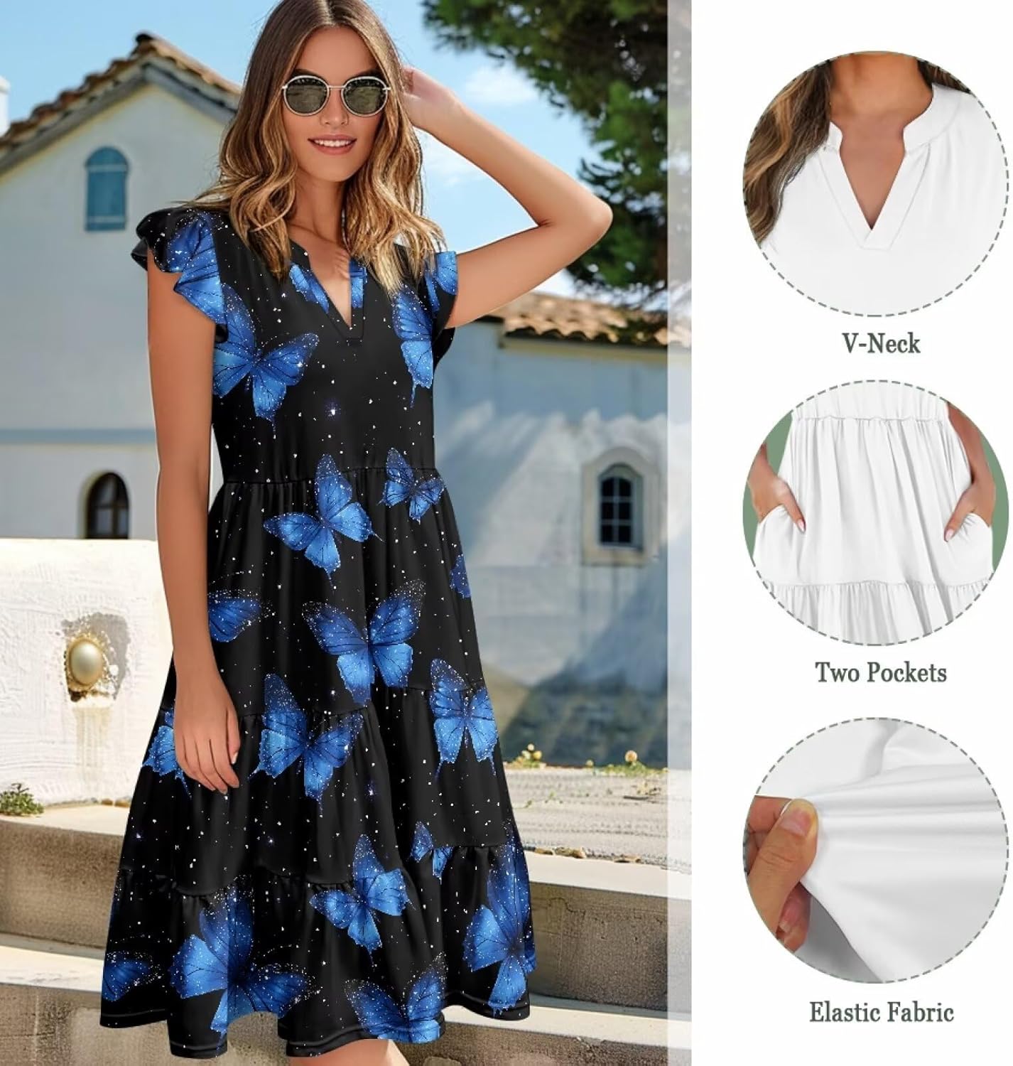 Biyejit Womens Summer Dress Ruffle Sleeve V Neck Tiered Midi Dress Casual Flowy Beach Vacation Sundress with Pockets S-2XL - Image 6