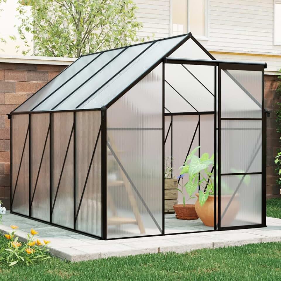 6 ft x 8 ft Aluminum Frame Greenhouse for Outdoor Use with Sloped Roof and Sliding Door for Garden Plant Protection (Black 6*8FT)