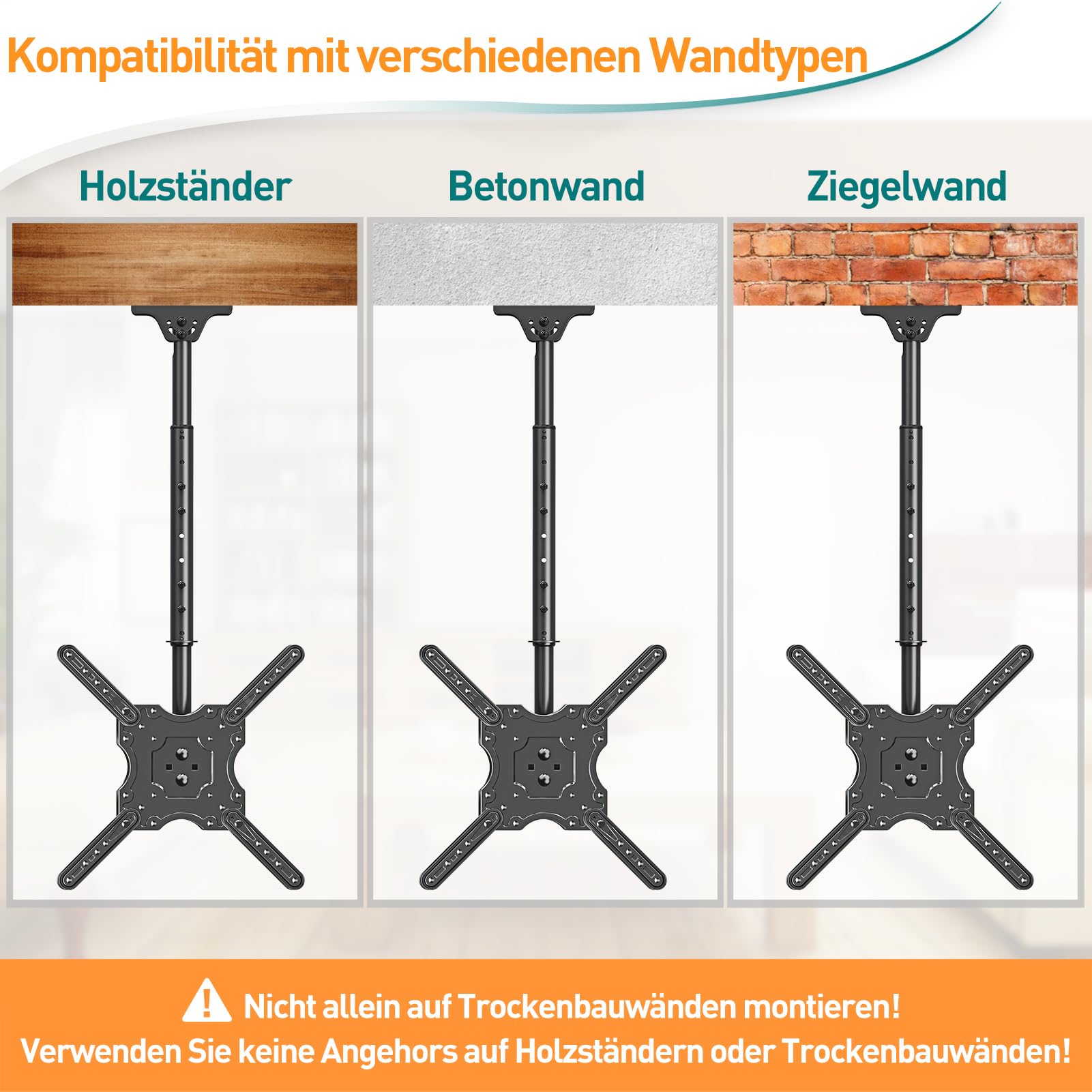 ELIVED TV Deckenhalterung für die meisten 26-65 Zoll Flach & Curved Fernseher bis zu 45KG, max. VESA 400x400mm, Höhenverstellbare TV Halterung für Flachdach oder Schrägdach, EV3015