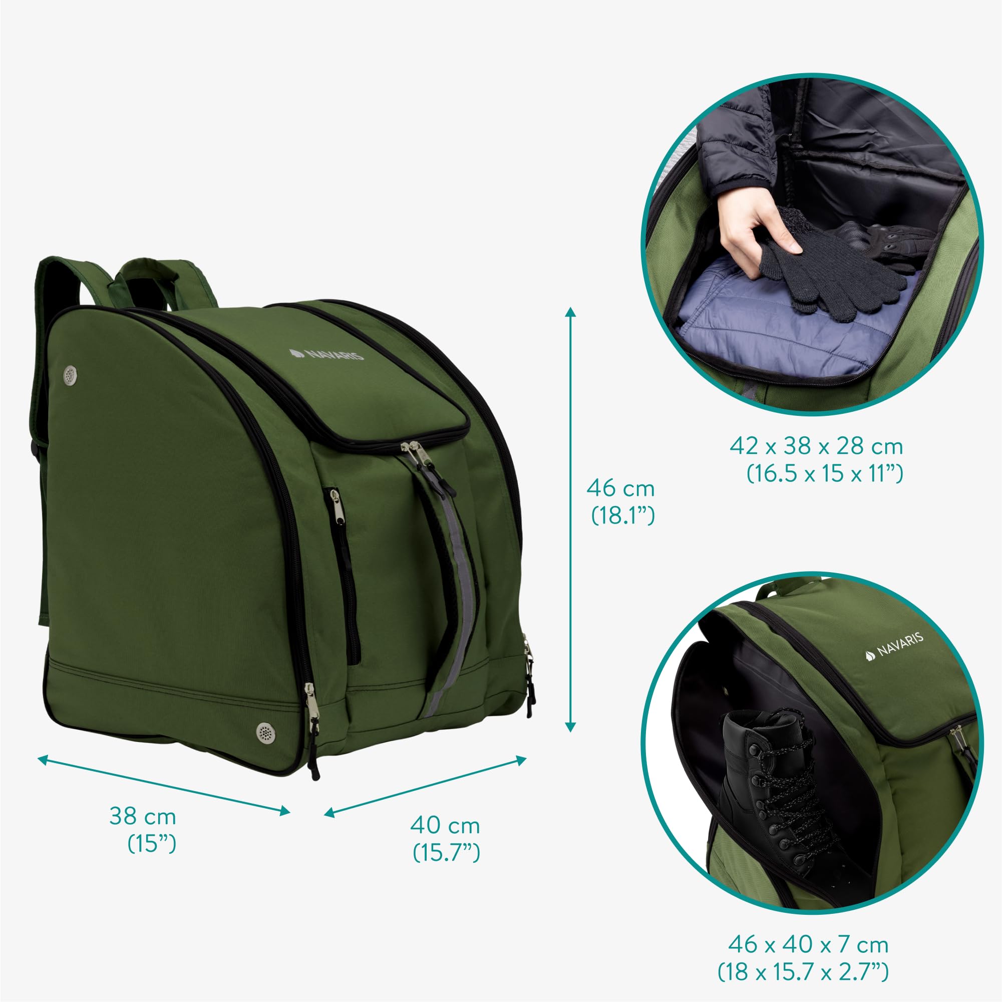 Navaris Mochila Esqui - Funda Botas Esqui en Compartimentos Separados - Mochila Ski Resistente al Agua - Con Ventilación y 3 Bolsillos para Accesorios - Verde