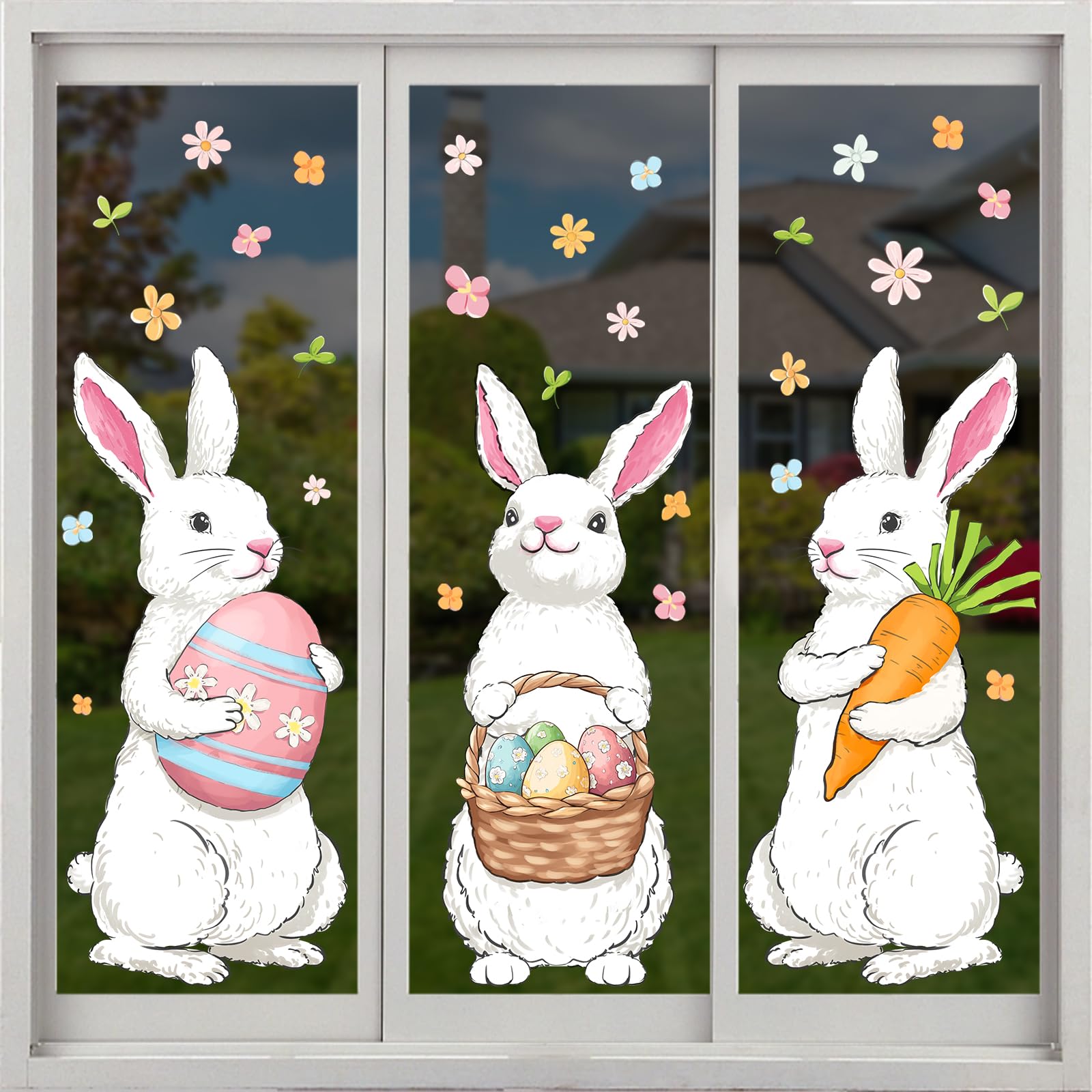 Farmhouse Easter Decorations Window Clings: Extra Large Easter Bunny Holding Eggs Carrot, Cute Rustic White Rabbits Spring Window Clings for Glass Windows, Kids Home Office Party Gifts, 6 Sheets