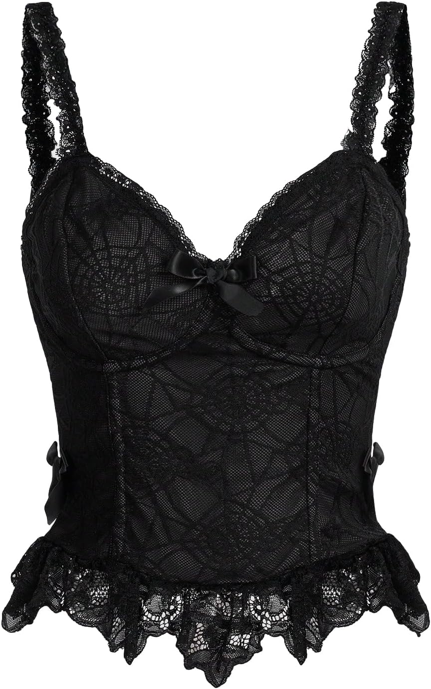 SHENHE Women's Lace Bow Front Spaghetti Strap V Neck Camisole Y2K Goth Crop Top Tank
