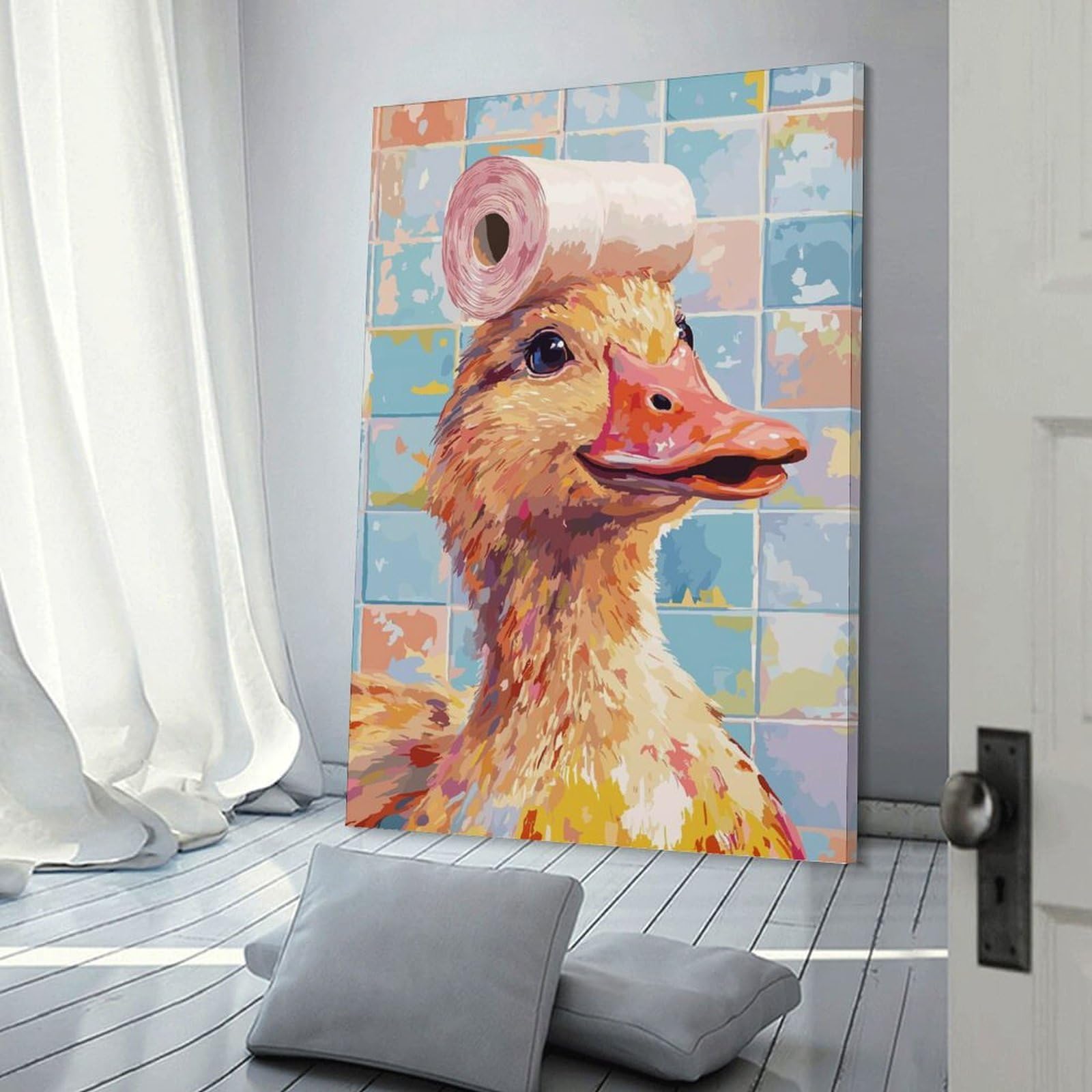 Junmoney Frame-Style-23 Hanging Wall Art Duck With Toilet Paper Hat, 20X30inch(50X75cm), For Entryway, Lounge Links Or Small Walls, A Neat Decor Update For Hallways