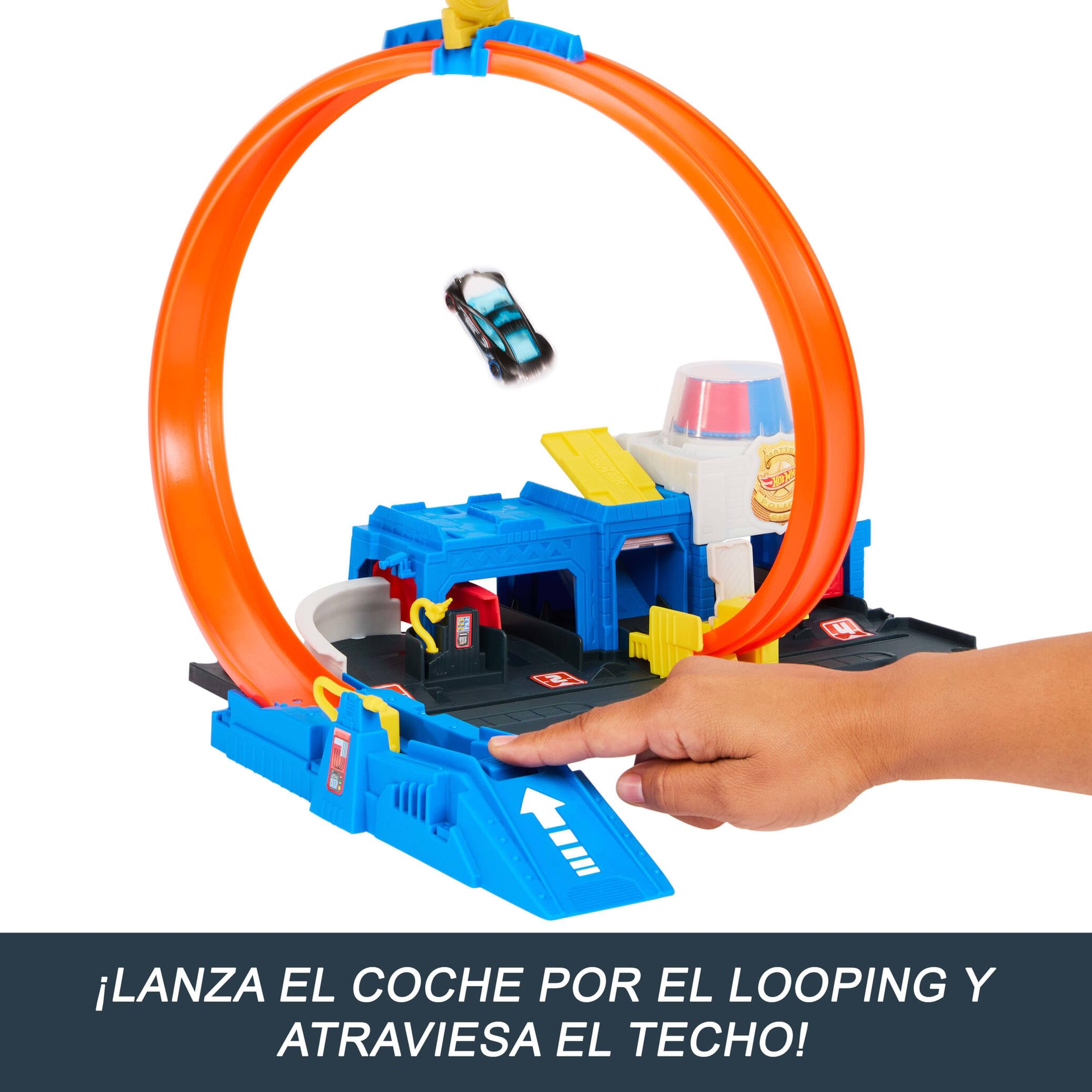 Hot Wheels Supercomisaría de policía Conjunto de pista, conjunto de juego con coche de juguete metálico a escala 1:64, looping regulable para hacer carreras y acrobacias de varias formas, JBM71