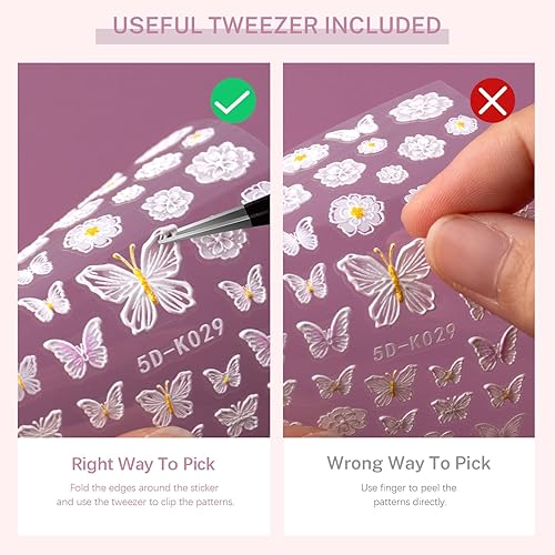 Miniatura 5 de Calcomanías de arte de uñas de flores 5D, 3 hojas en relieve, huecas, exquisitas pegatinas 3D, autoadhesivas, encaje blanco, hojas florales, plumas,