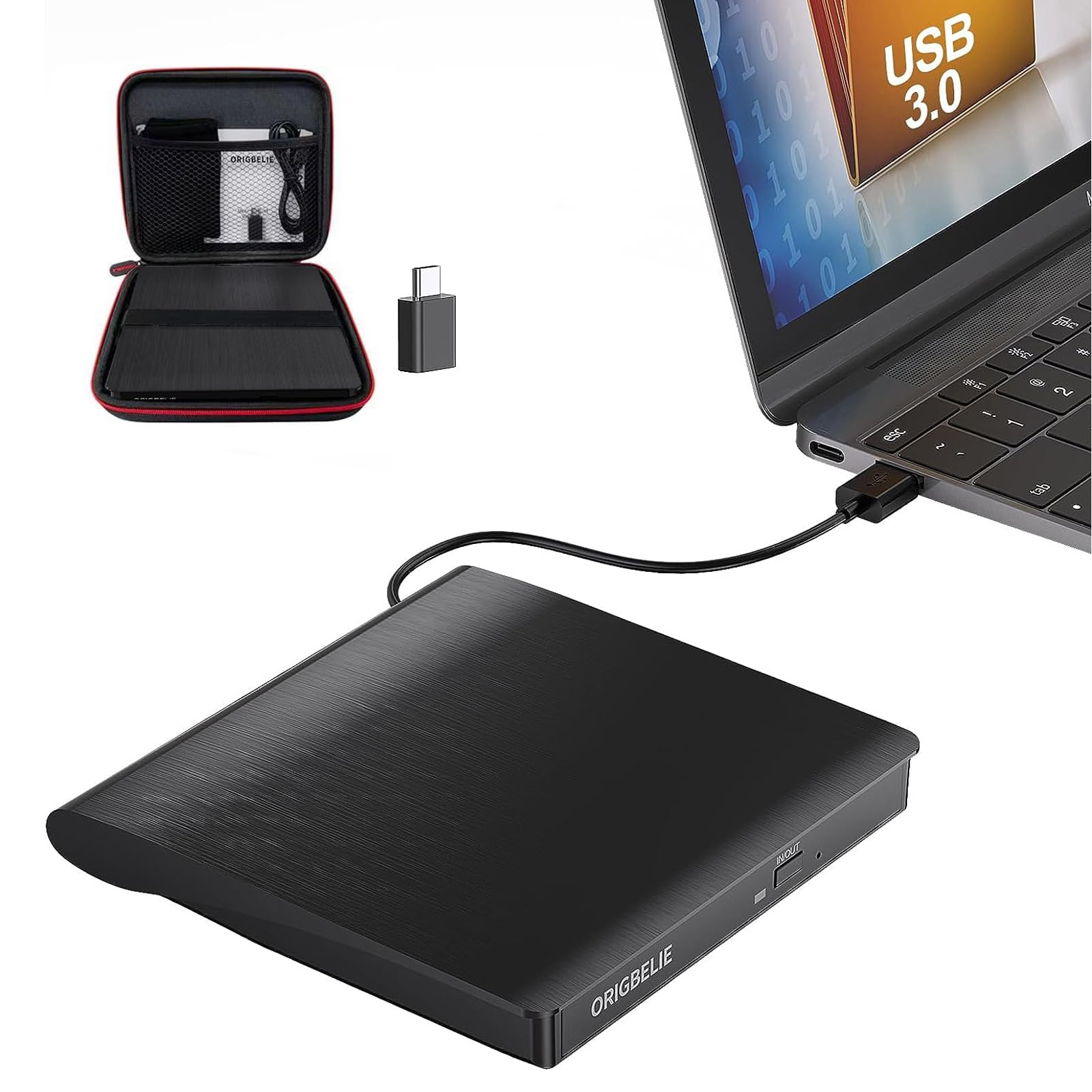 ORIGBELIE External CD/DVD Drive for Laptop, USB DVD Burner &amp; Carrying Case
