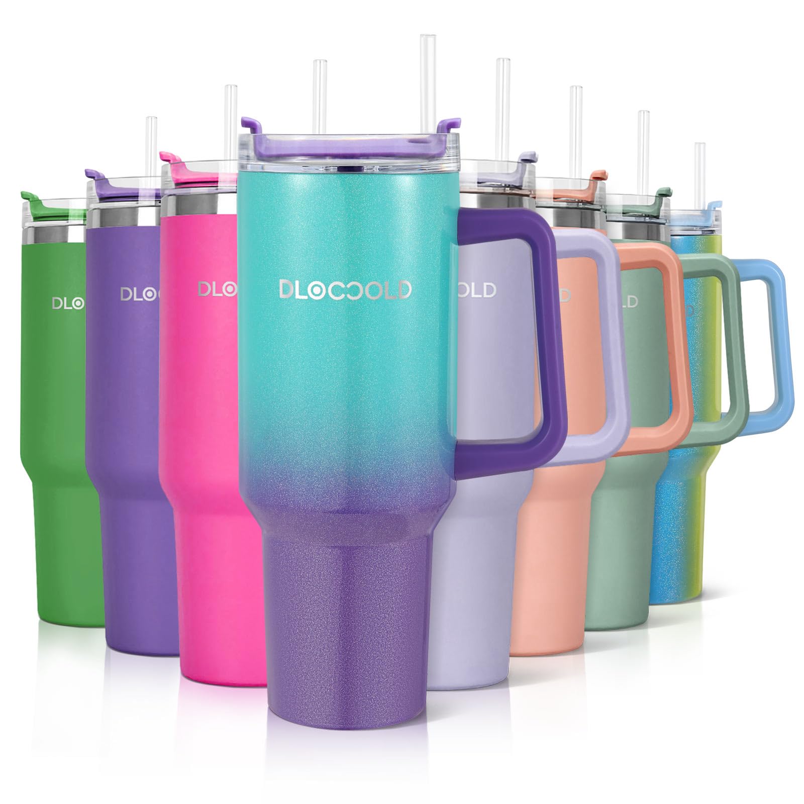 DLOCCOLD 40 oz Tumbler with Handle, Insulated Coffee Tumbler with Lid and Straw, Car Cup Holder Friendly (Glitter Mint Violet)
