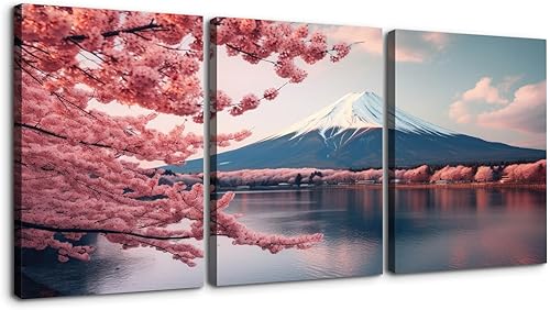 YONICA Lienzo decorativo de 3 paneles de montaña para decoración del hogar, paisaje con flores de cerezo rosa y monte Fuji, impresión en lienzo HD