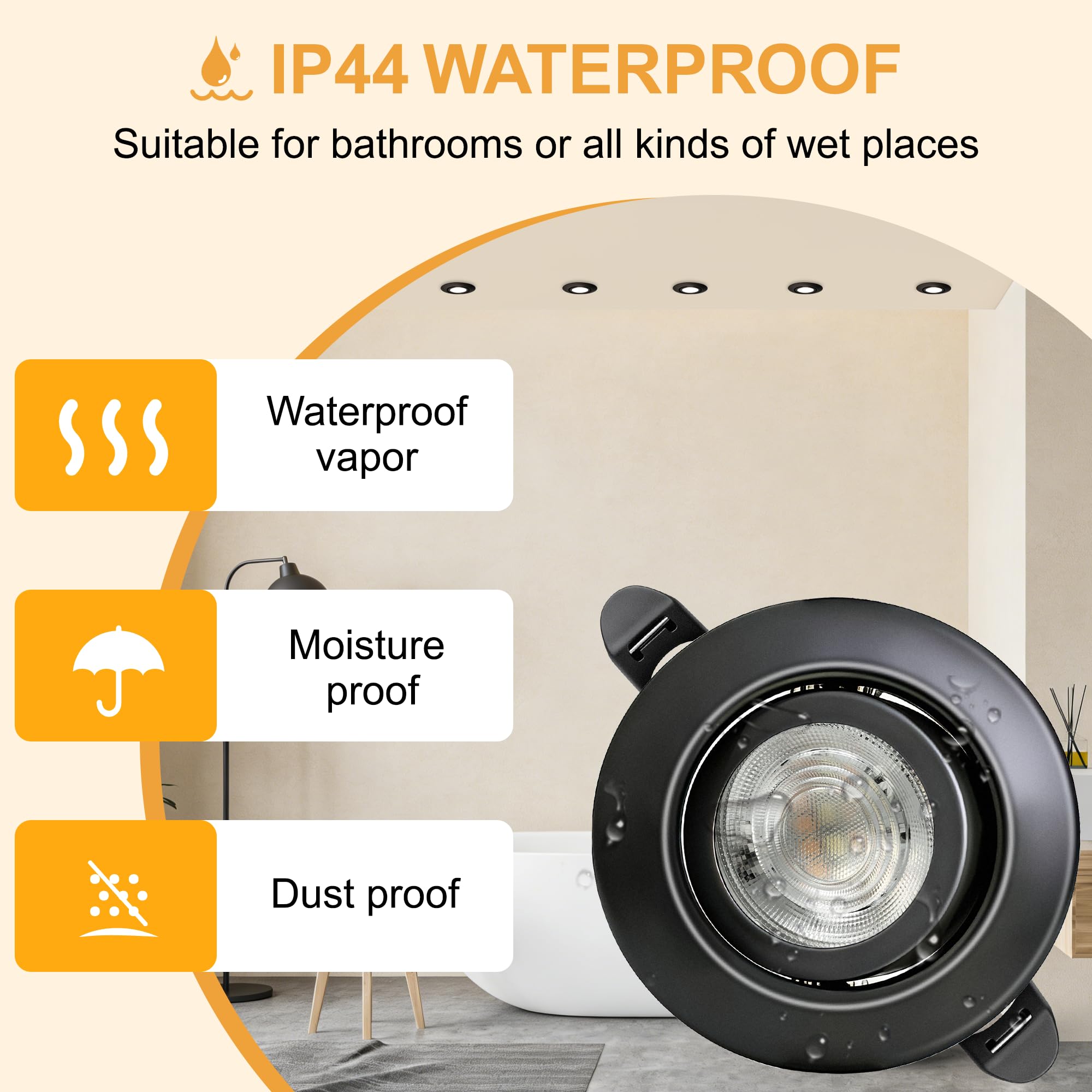 Spot LED Encastrable 230V Dimmable 68mm 5.5W IP44 45° Rotatif Extra Plat Spots de Plafond Blanc Chaud Blanc Neutre Blanc Froid Spot Salle de Bain, Noir Lot de 6