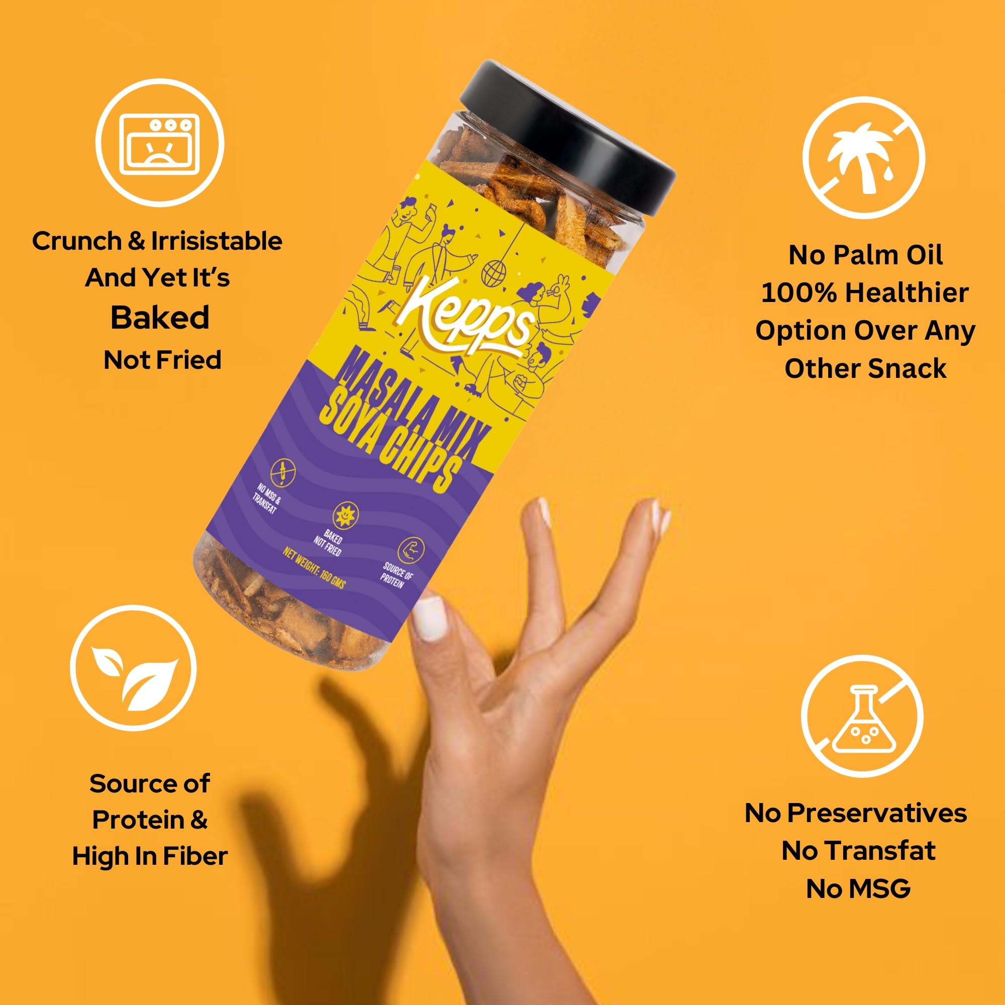KEPPS Masala Mix Soya Chips | Gluten-Free Protein Snacks, High in Fiber & Plant Protein | Never Fried, Low-Calorie, Tasty Crunchy Munchies for All Ages | Guilt-Free Anytime Snack – 160g - Image 4 thumbnail