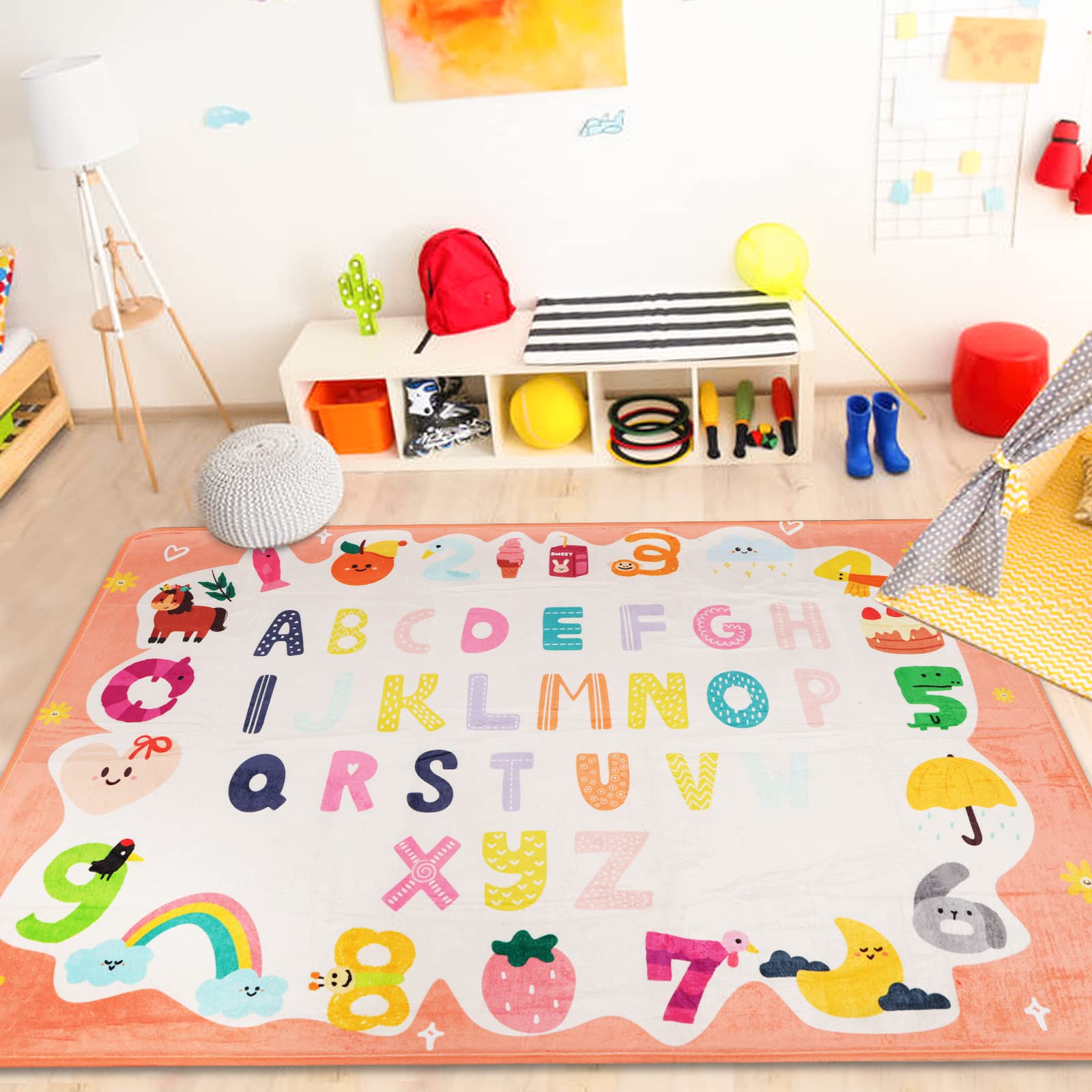 ABC Kids Play Rug, Large Soft Educational Learning Space Mat, Non-Slip Cute Baby Floor Toddler Numbers Mat Area Rug for Kids Living Room Playroom Classroom Decor (Orange, 59" x 78" L)