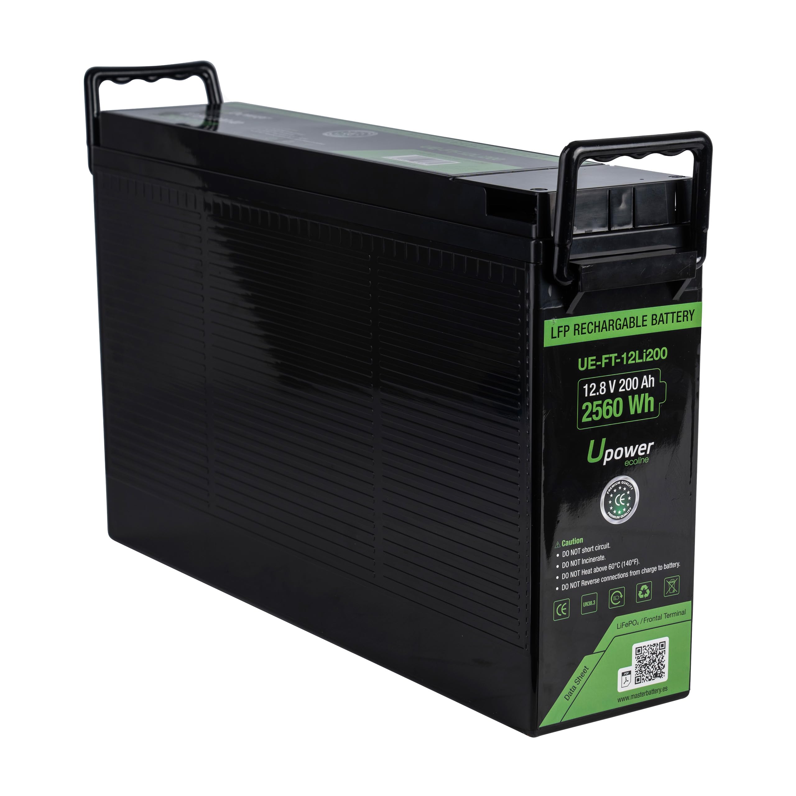 Batería Frontal de Litio LiFePO4 de 12V 200Ah, Ciclo profundo 3000 al 100% / 12.8V 2560Wh
