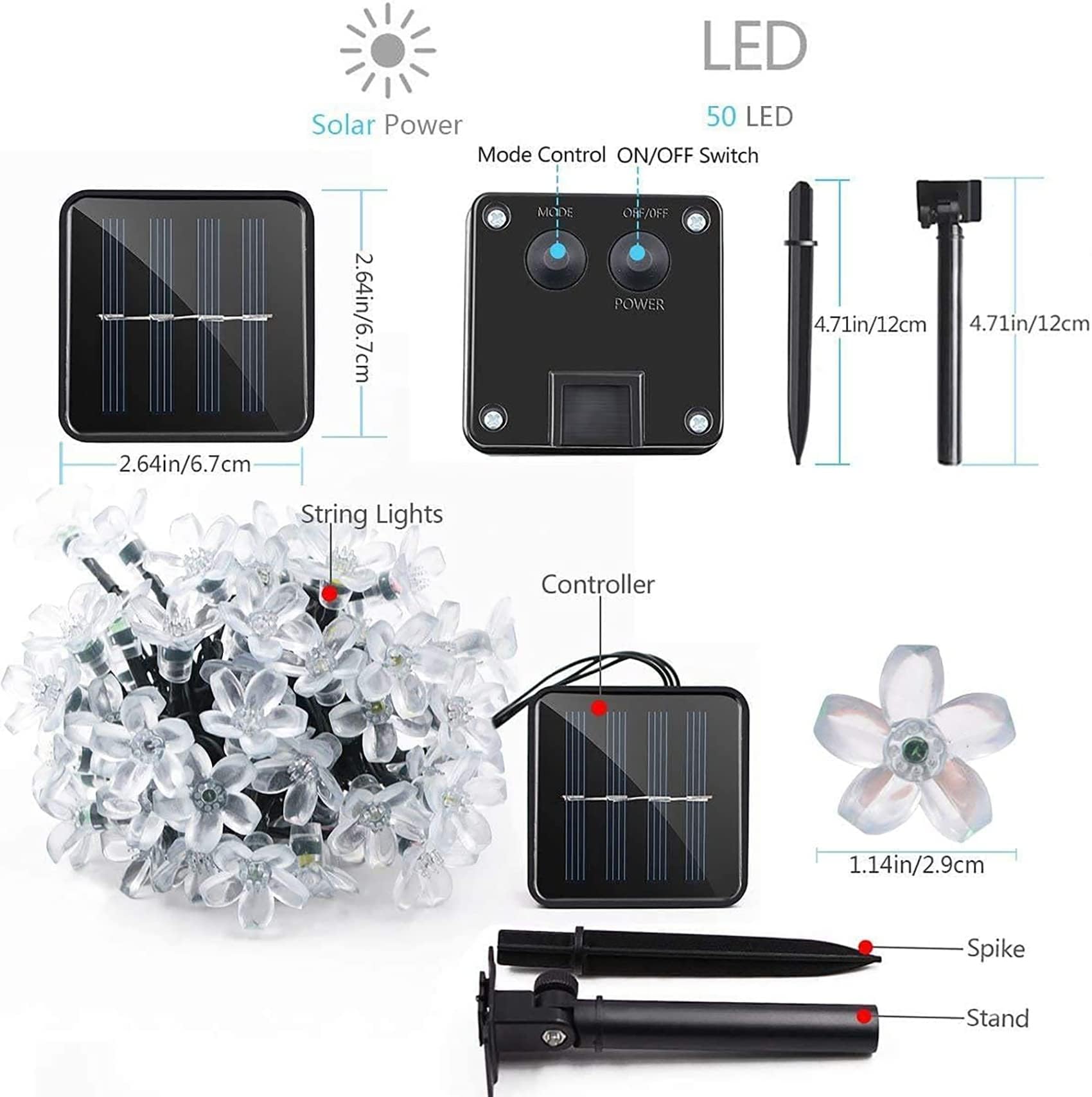 Catena luminosa a energia solare per esterni, con telecomando, catena luminosa a forma di fiore di ciliegio, 52 m, 500 LED con 8 modalità, a energia solare per giardino (bianco)