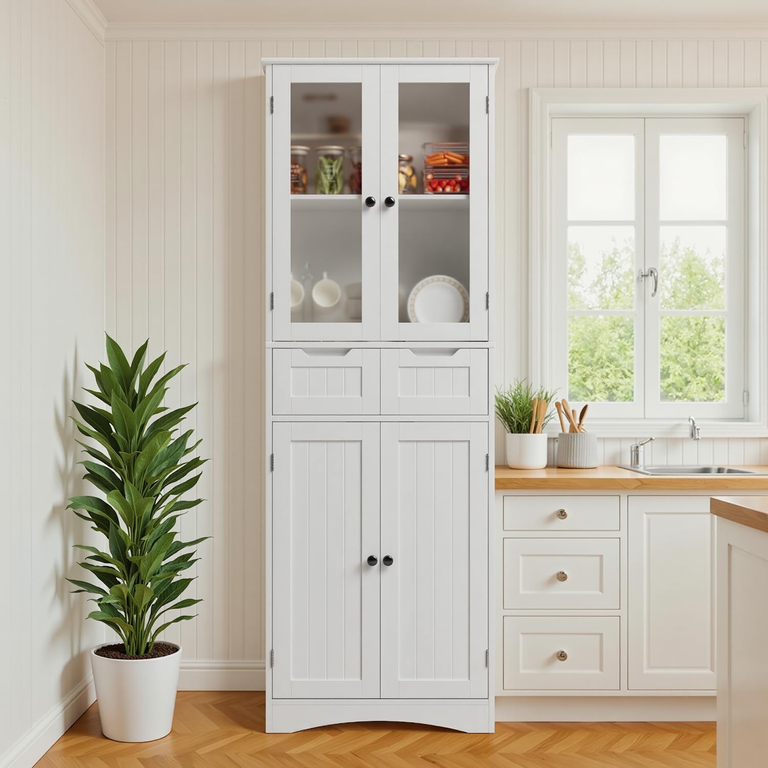 Xbro Armario Alto de Cocina, 170 x 30 x 60cm, Mueble Cocina Alto 4 Puertas y 2 Cajones, Armario de Vitrina con Estantes Laterales, Salón y Comedor (Blanco)