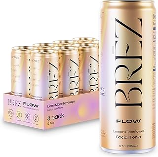 BREZ FLOW Lion’s Mane Mushroom Drink, 6-pack, Non-Infused, Adaptogens, Relieving, Uplifting, and Social, Sparkling Lemon Elderflower Tonic 12 Fl oz