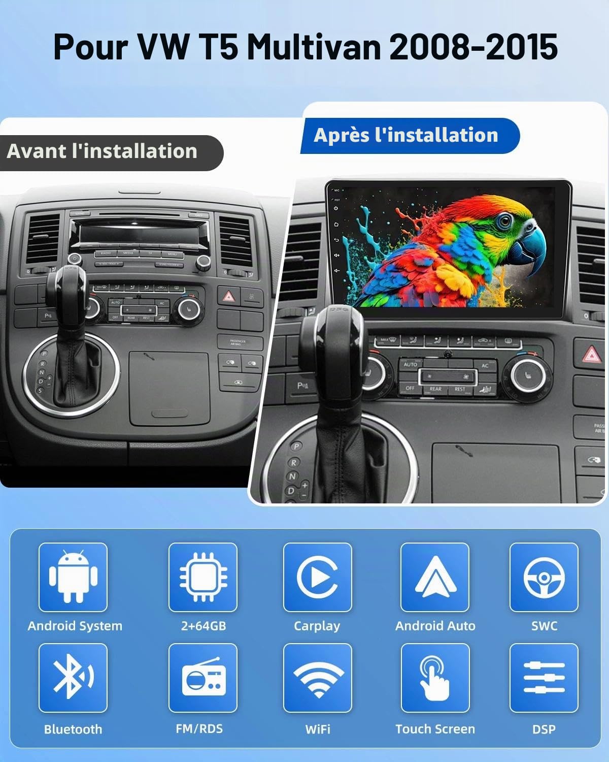 NHOPEEW Autoradio 4 +128G Android pour VW T5 Multivan 2008-2015 avec Carplay sans Fil et Android Auto - Écran incell 9 Pouces Prise en Charge WiFi GPS Commandes au Volant + Caméra de recul, Canbus