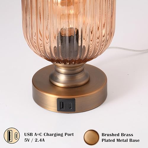 Miniatura 8 de Lámpara de mesa de cristal de mediados de siglo, lámpara de escritorio regulable, bombilla LED incluida, control táctil y puerto USB A+C, vidrio