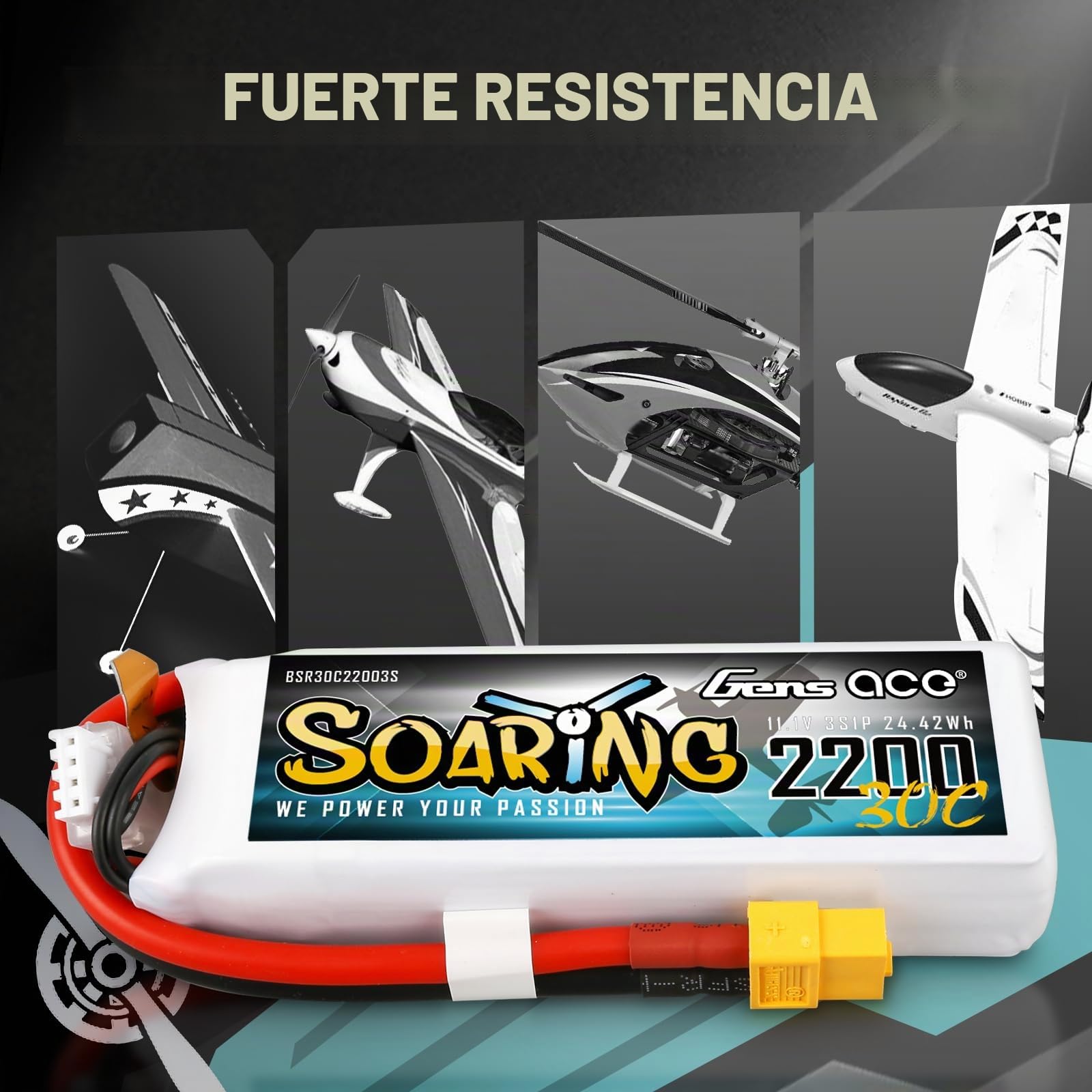 Gens ace 3s Batería Lipo 2200mAh 11.1V 30C Soaring con XT60 para RC Avión, Helicóptero, Quadcopter, Coche, Barco, Hobby