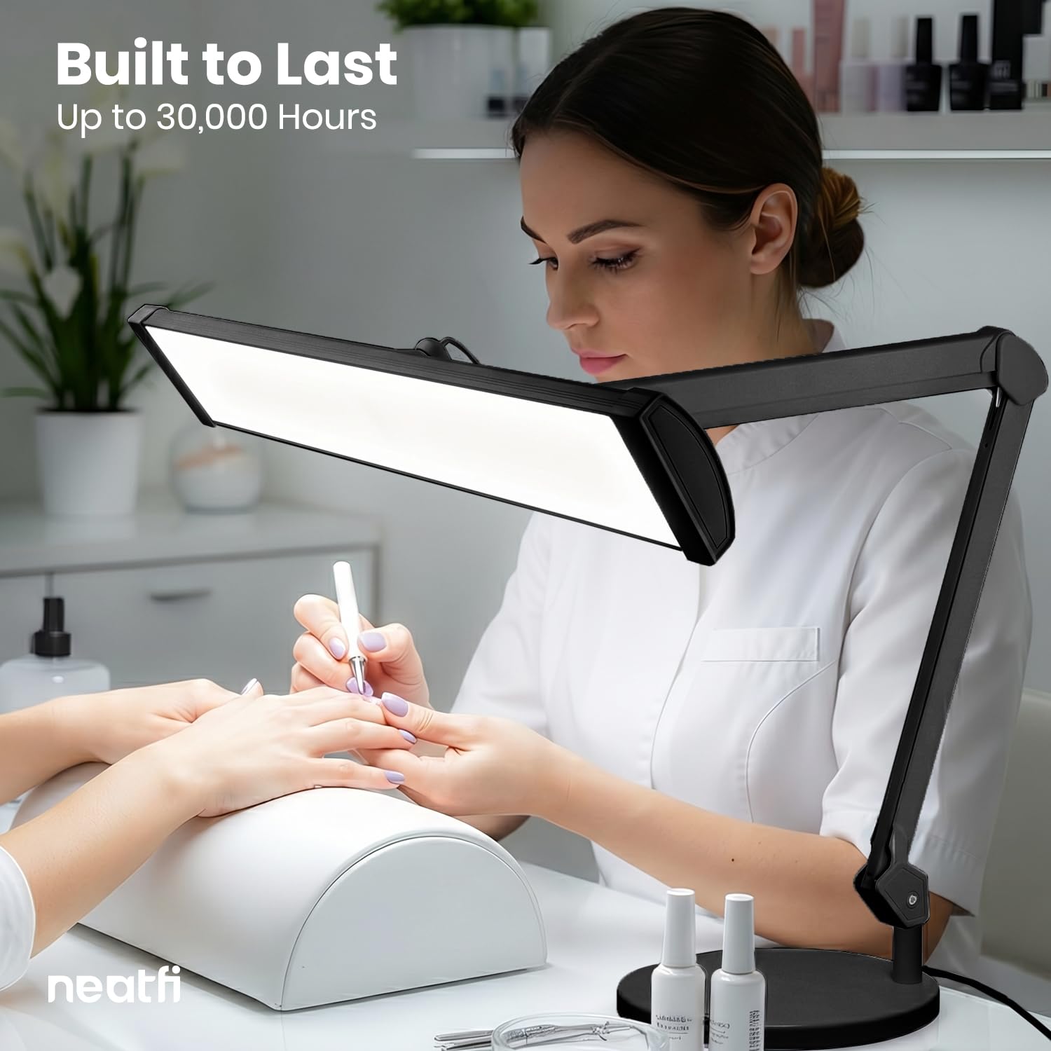 Neatfi Ultra Lampa Biurkowa LED 3500 lm – 45 W | 270 Diod SMD | Bezmigotające Oświetlenie Robocze do Salonów Stylizacji Paznokci, Rękodzieła i Biura (Czarna, Bez CCT z Podstawą)