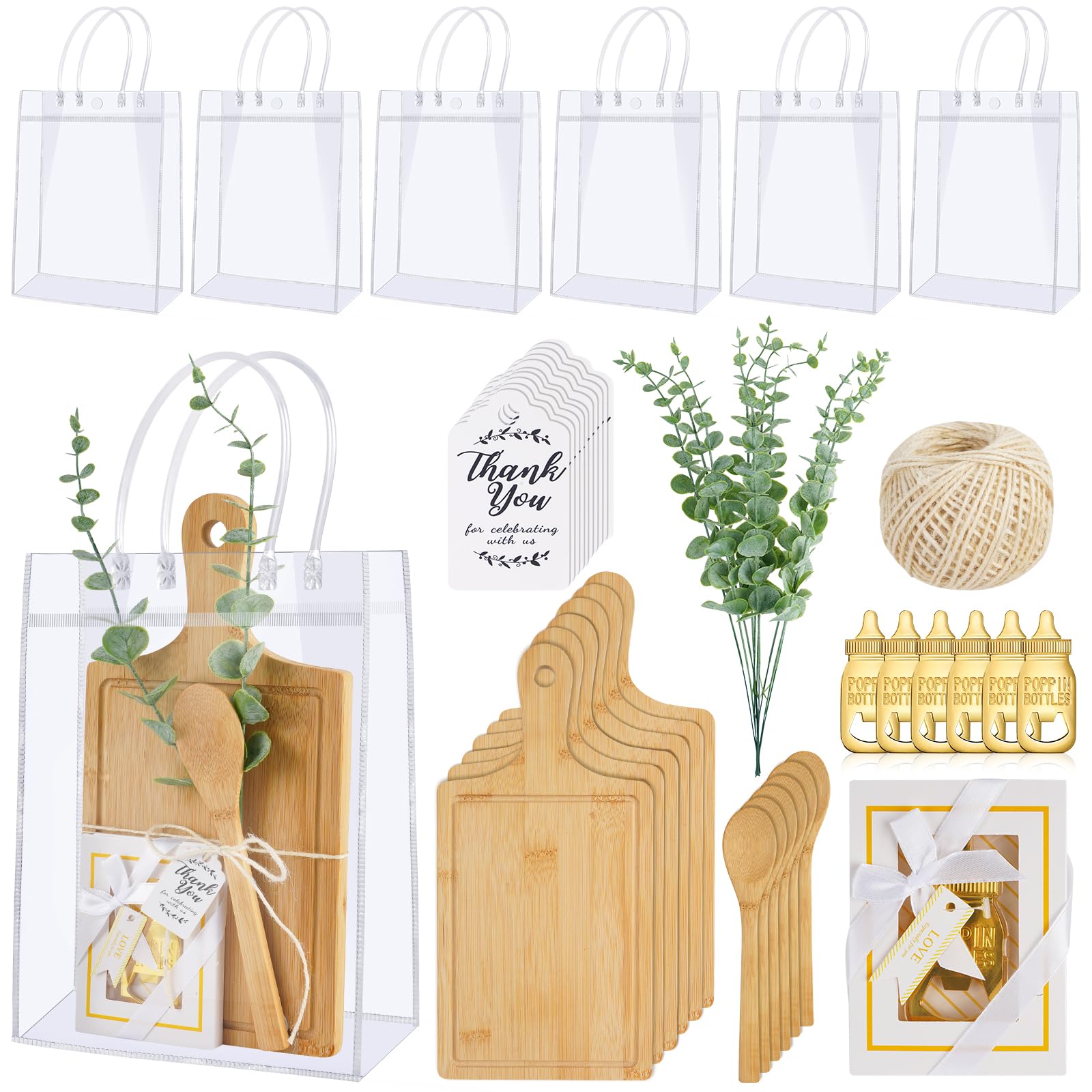 6 Sets Baby Shower Prizes for Game Winners 43 Pcs Square Bamboo Cheese Board Spoon Bottle Opener Artificial Eucalyptus Stems You Card and Gift Bags