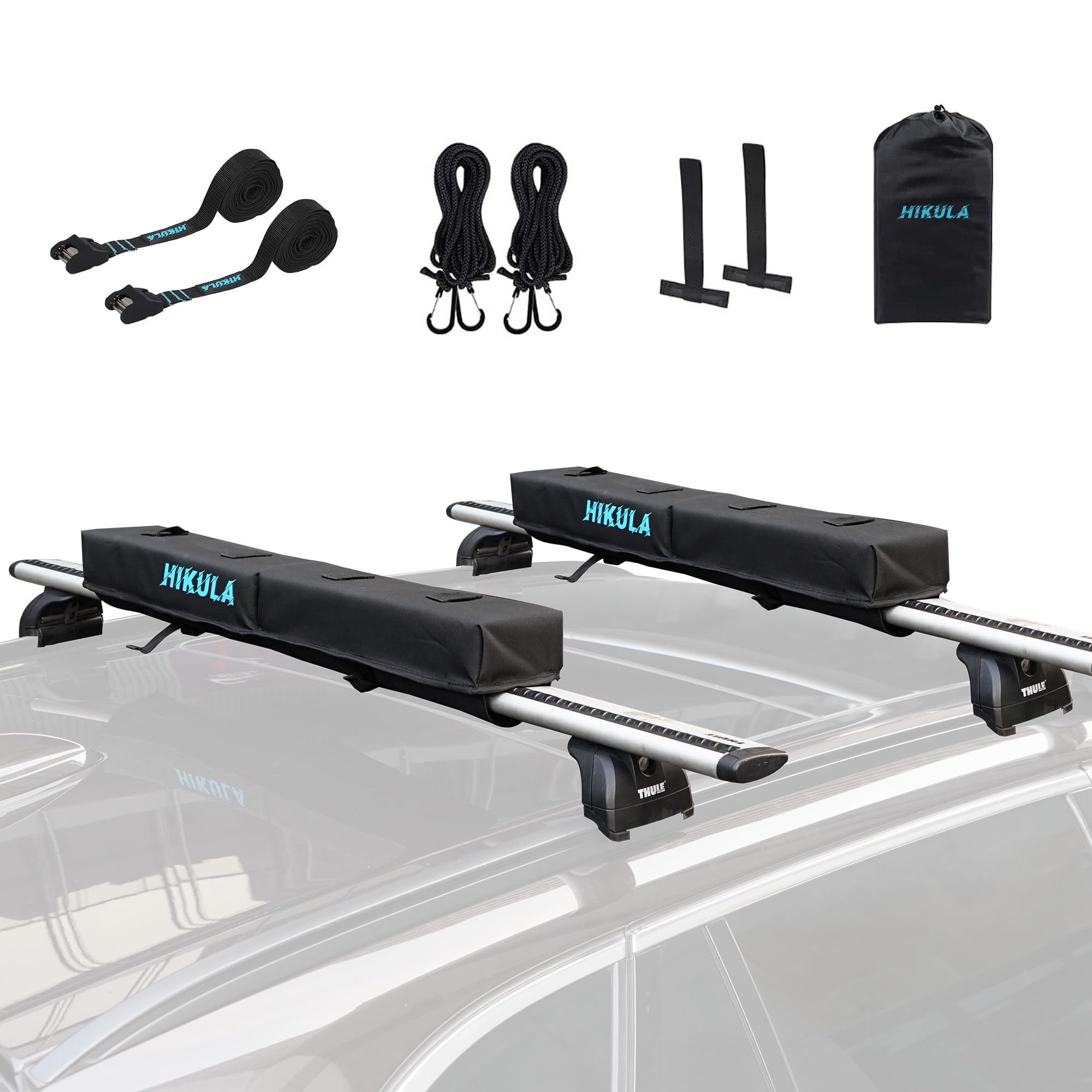 31''Soft Roof Rack Pads for Various Crossbars with Two 15' Premium Scratch Resistant Silicone Buckle, PP Rope,Quick Loop and Storage Bag, for SUPs,