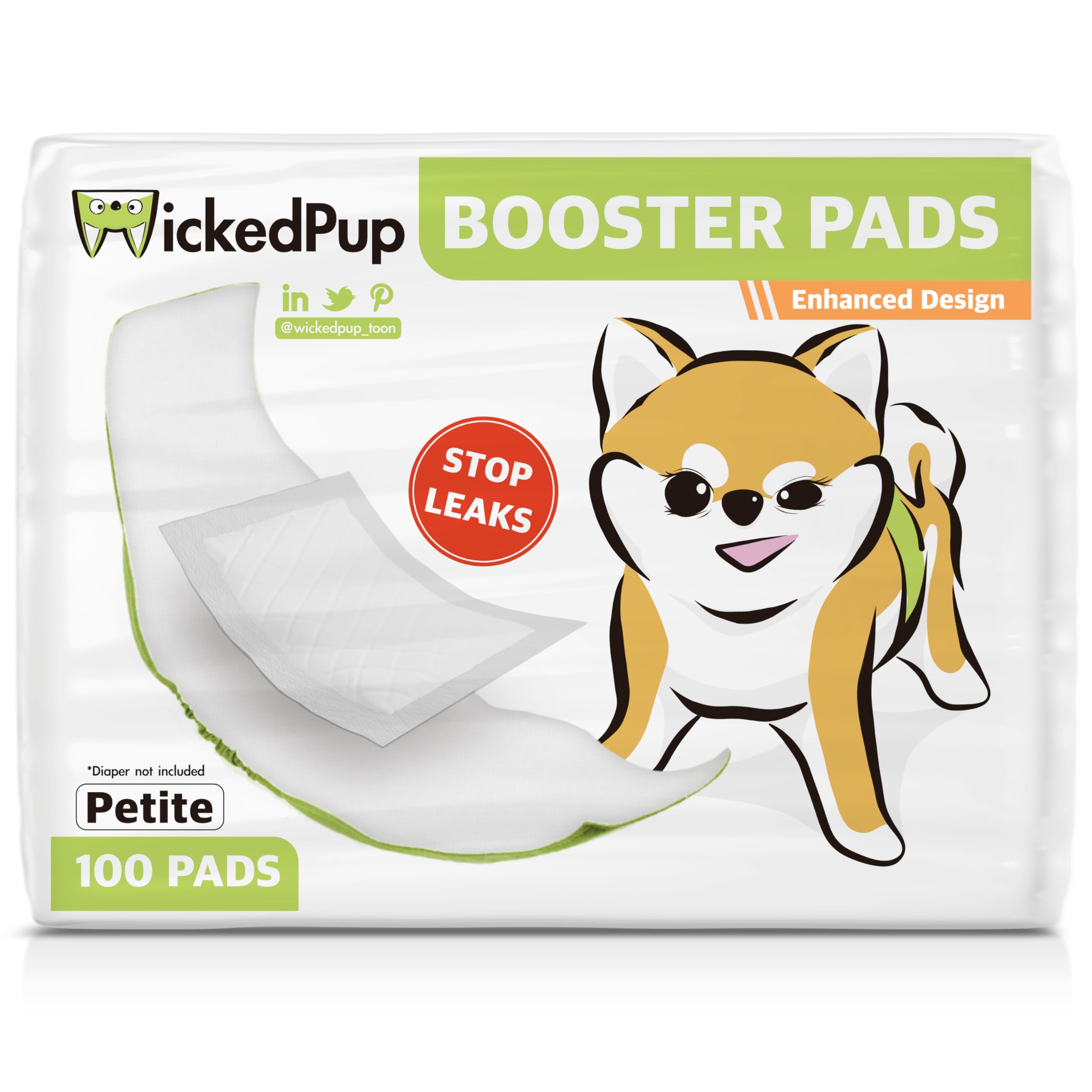 WICKEDPUP Dog Diaper Liners Booster Pads for Male and Female Dogs, 100ct | Disposable Diaper Inserts fit Most Reusable Pet Belly Bands, Wraps, and Washable Period Panties