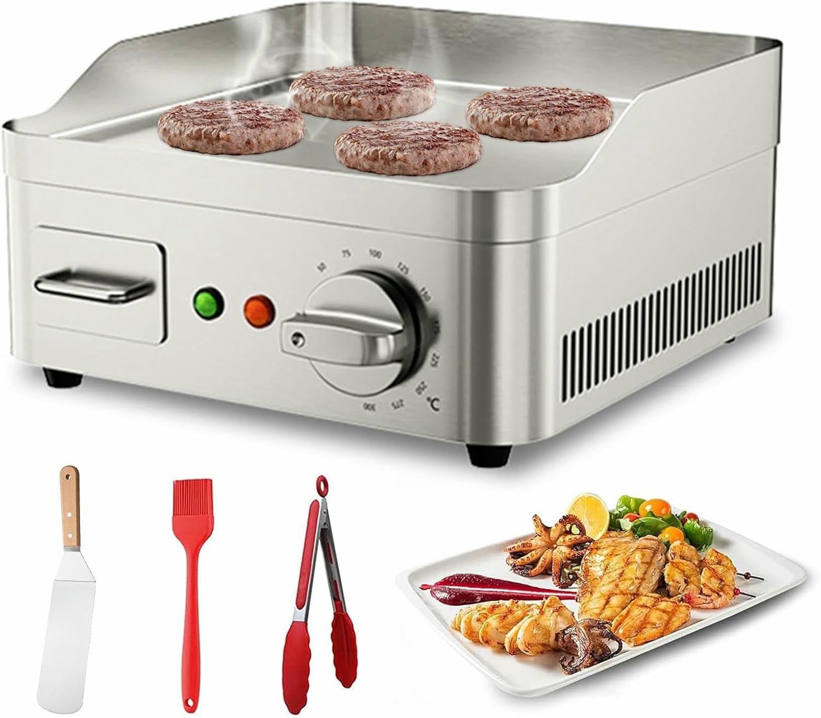 FHRKA 13.7" Commercial Electric Countertop Griddle Grill, Non-Stick Stainless Steel Flat Top Grills for Kitchen Restaurant