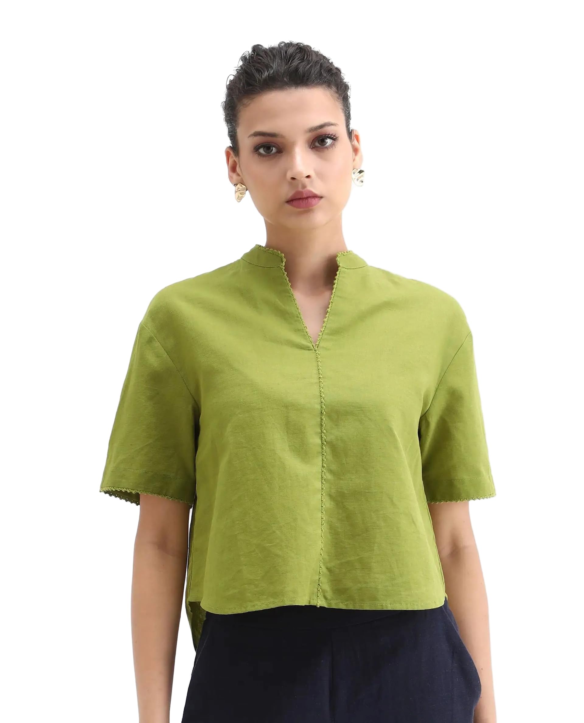 rareism Women Regular Solid Olive Cotton Blend Mandarin Collar Short Sleeve Top-picture-33