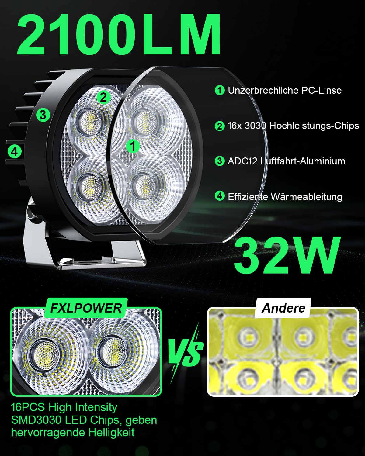 2 x Reflektory robocze LED 12 V 24 V, 32 W 2100 lm Super jasne dodatkowe reflektory samochodowe, IP67 wodoodporny reflektor cofania, 6500 K rozproszone światło do ciężarówki, ATV, SUV, łodzi