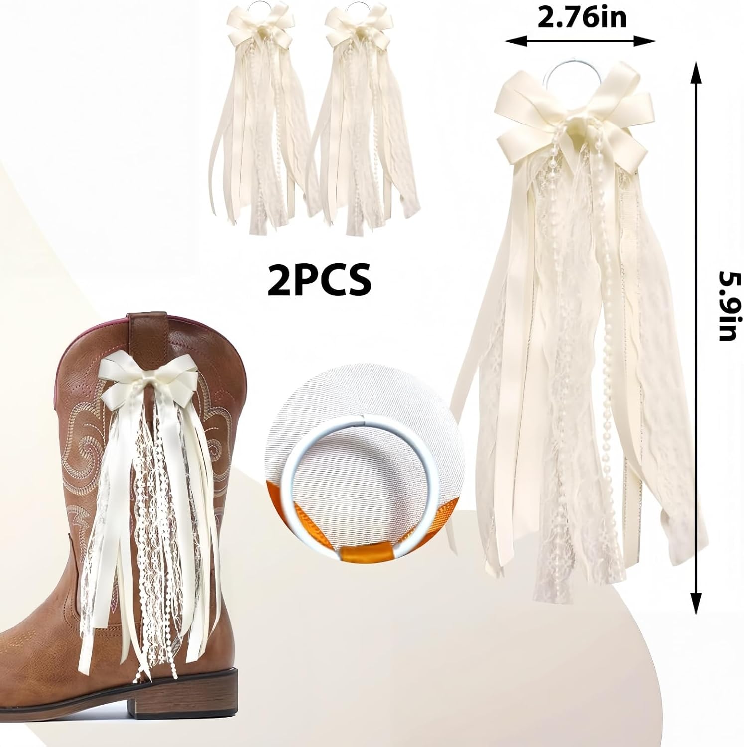 Bow Boot Charms Set of 2, Pearl Lace Ribbon Bow Shoe Accessories for Cowboy Cowgirl Boots Decoration image 2