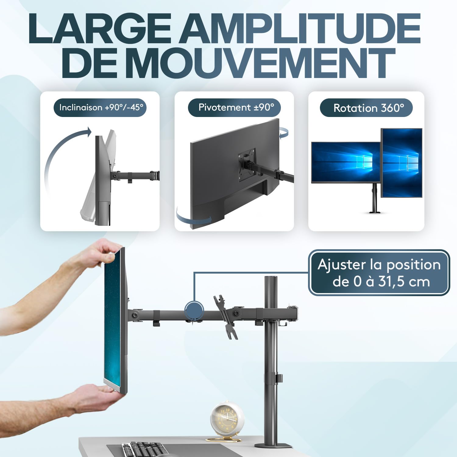 ACROPAQ - Support ecran PC 2 ecran - Pour ecrans de 13 à 32 pouces, Pivotant à 360°, Montage rapide, Hauteur et angle réglables individuellement - Bras Ecran PC, Support double ecran PC - Noir