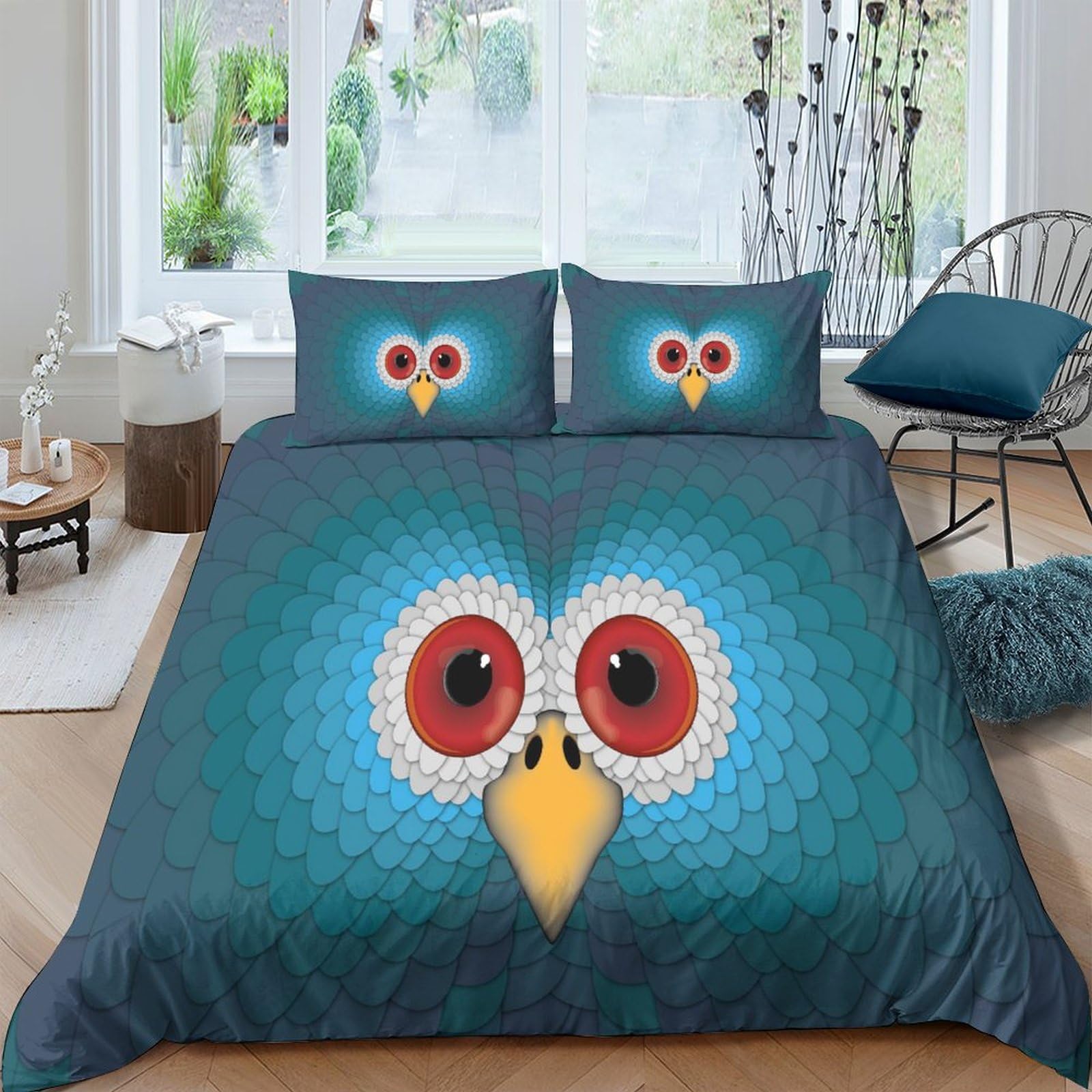 Housse de couette hibou 3D king 220x240 cm parure de lit microfibre avec taies d'oreiller
