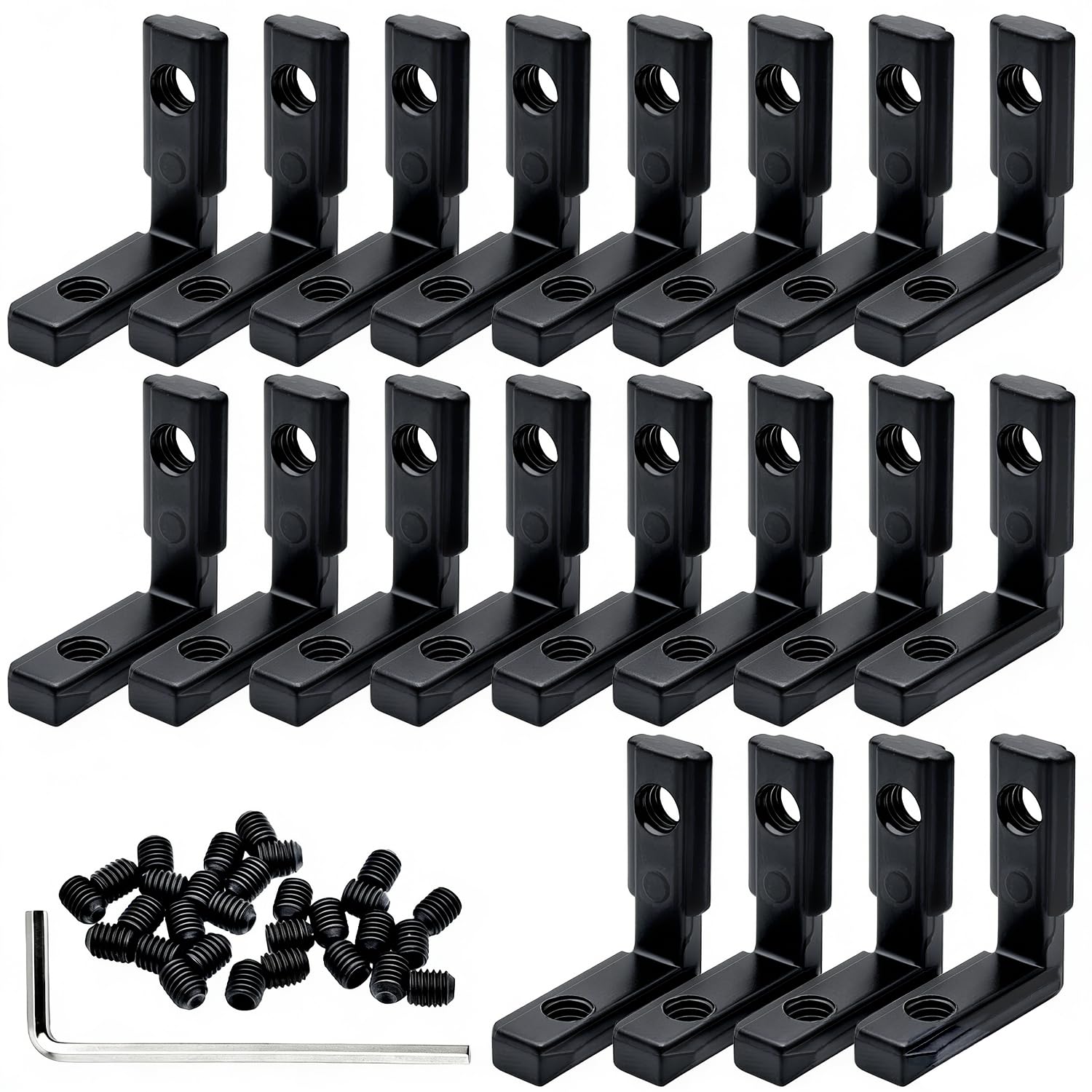 AYWFEY 20 Pcs 2020 Aluminum Extrusion Hardware Connectors with 40 Pcs Screws & Wrench, Black Corner Bracket T Slot Inside L Shape Joint Angle for 20 Series 20/20 2040 V Slot Extruded Aluminum Profile