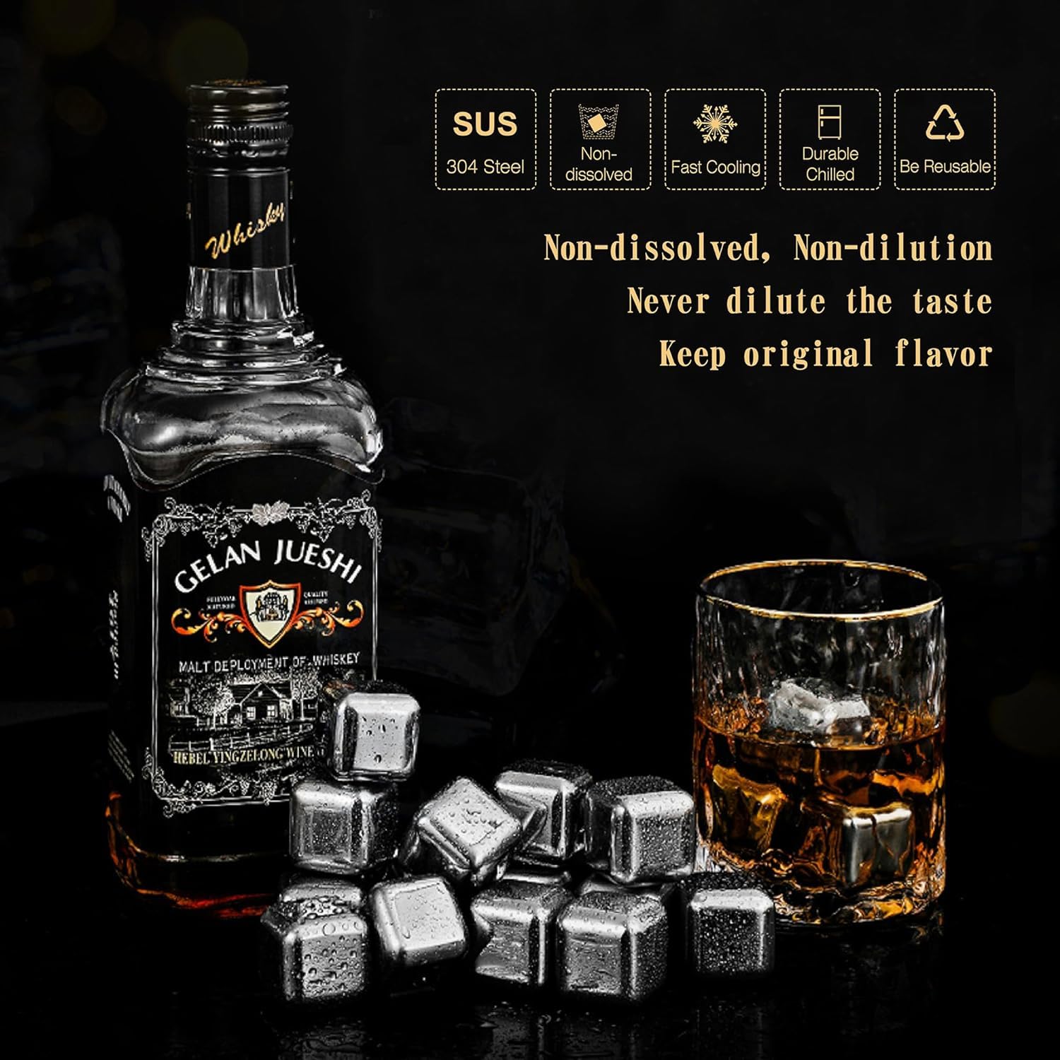 24 Stück Eiswürfel Aus Edelstahl Wiederverwendbare, Geschenke für Männer, Whisky Steine Ice Cube Set - Whiskysteine, Eiswürfel Für Whisky, Wein Kühlsteine (24 Stück)