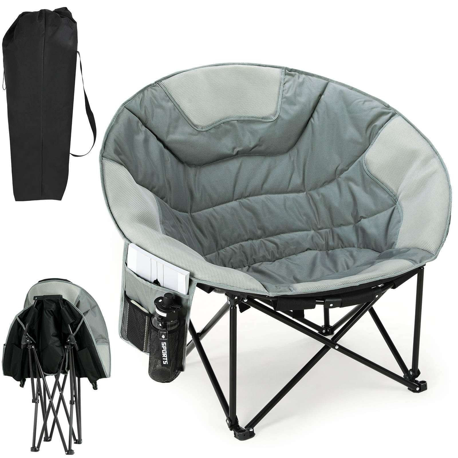 LIFERUN Camping Chair 105×83×95cm, Folding Moon Chair with Paded Seat & Breathable Mesh, Cup Holder, Non-slip Feet, Storage Bag & Support 150KG, Oversized Portable for Garden/Fishing/Outdoor/Indoor