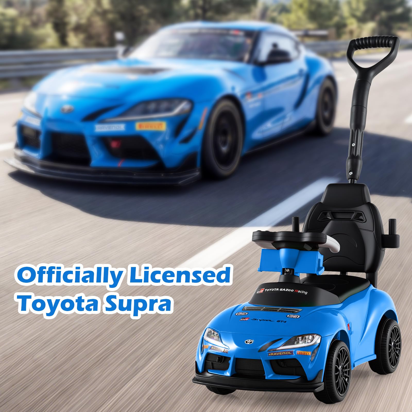 Licensed Toyota Ride on Push Car for Toddlers by INFANS, 3 in 1 Walking Sliding Toy with Removable Guardrails and Handle, Music, Under Seat Storage for Kid (Blue) - 5