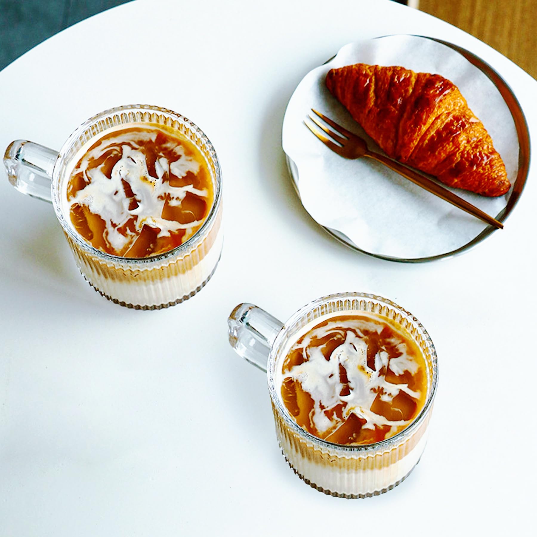 Lot de 6 tasses à café en verre de 355 ml avec poignées – Ensemble de tasses à thé classiques à rayures verticales transparentes pour boissons chaudes/froides