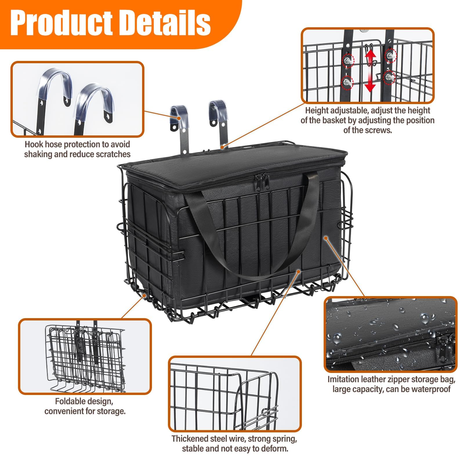 Cesta plegable para bicicleta con bolsillo interior negro, cesta impermeable para bicicleta delantera trasera, bolsa de bicicleta para accesorios de bicicleta de montaña para mascotas, compras
