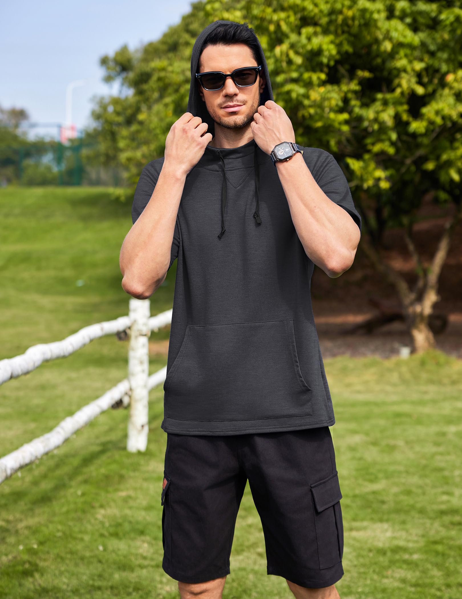 COOFANDY Felpa Uomo con Cappuccio Manica Corta Hoodie Oversize Leggero per Palestra e Tempo Libero T-Shirt Sportiva con Tasca a Marsupio