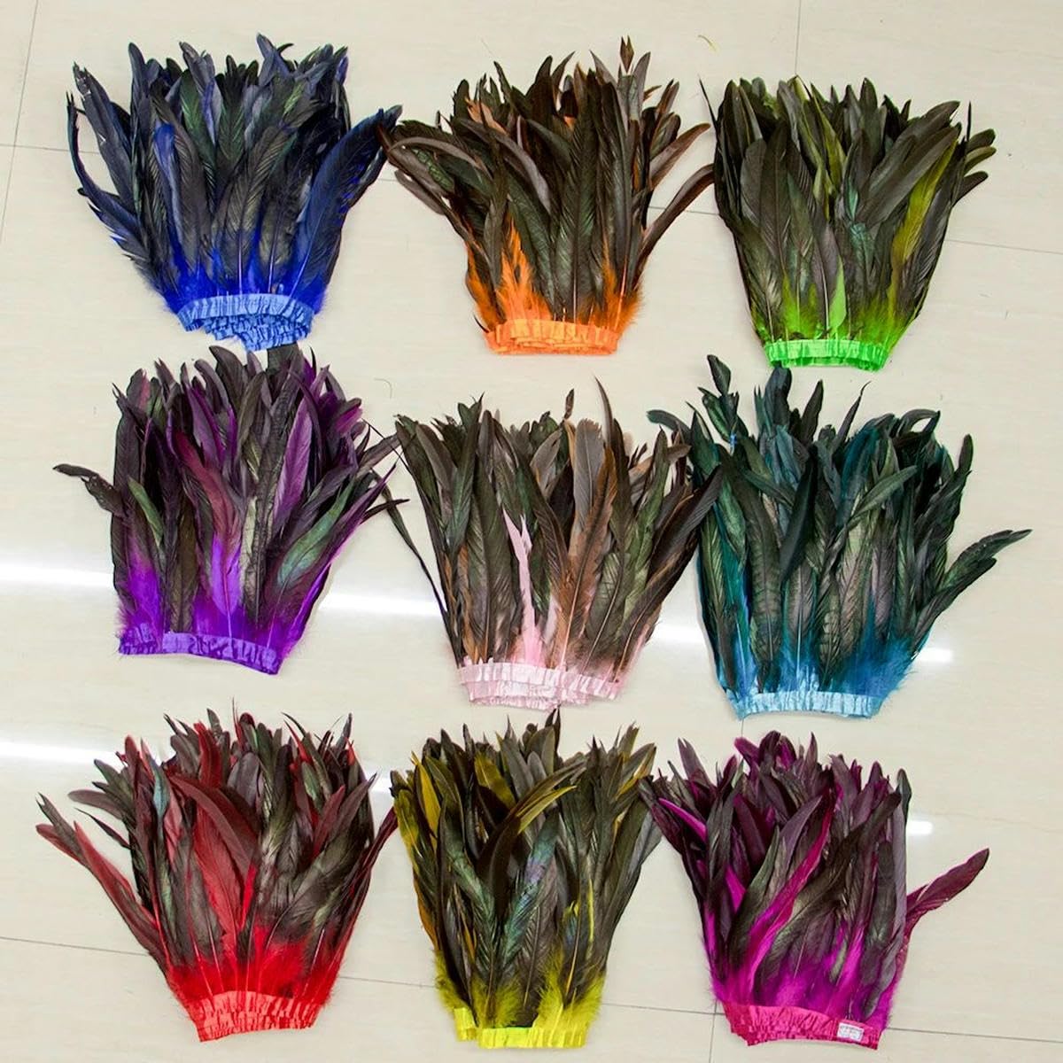 2 Meter Hahn-Hühnerfedern-Besatz für Heimwerker, Karnevalsdeko, lang, farbig, Hochzeitskleid-Deko, Kleidungszubehör, goldfarben, 25–30 cm