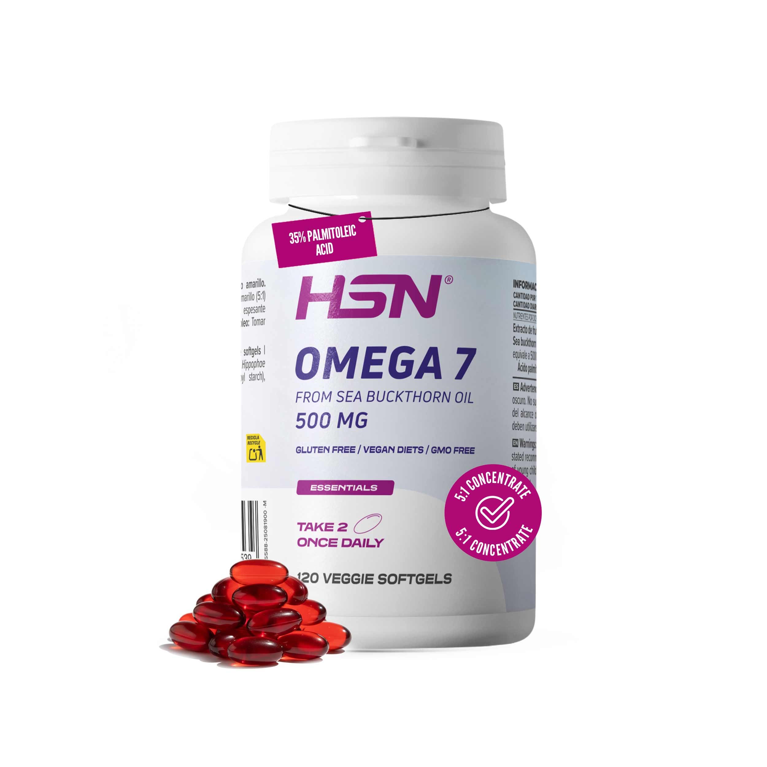 HSN Omega 7 Vegano - Aceite de Espino Amarillo 500mg | 120 Perlas Veganas | Extracto 5:1 Estandarizado 35% Ácido Palmitoleico - Apoyo Colesterol y Cuidado de Piel y Mucosas | Sin Gelatina Animal