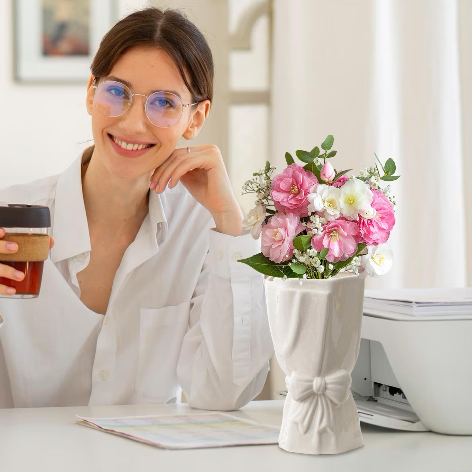 Vaso In Ceramica A Forma Di Fiocco – 12 Cm, Ideale Per Scrivanie E Soggiorni, Colore Rosa