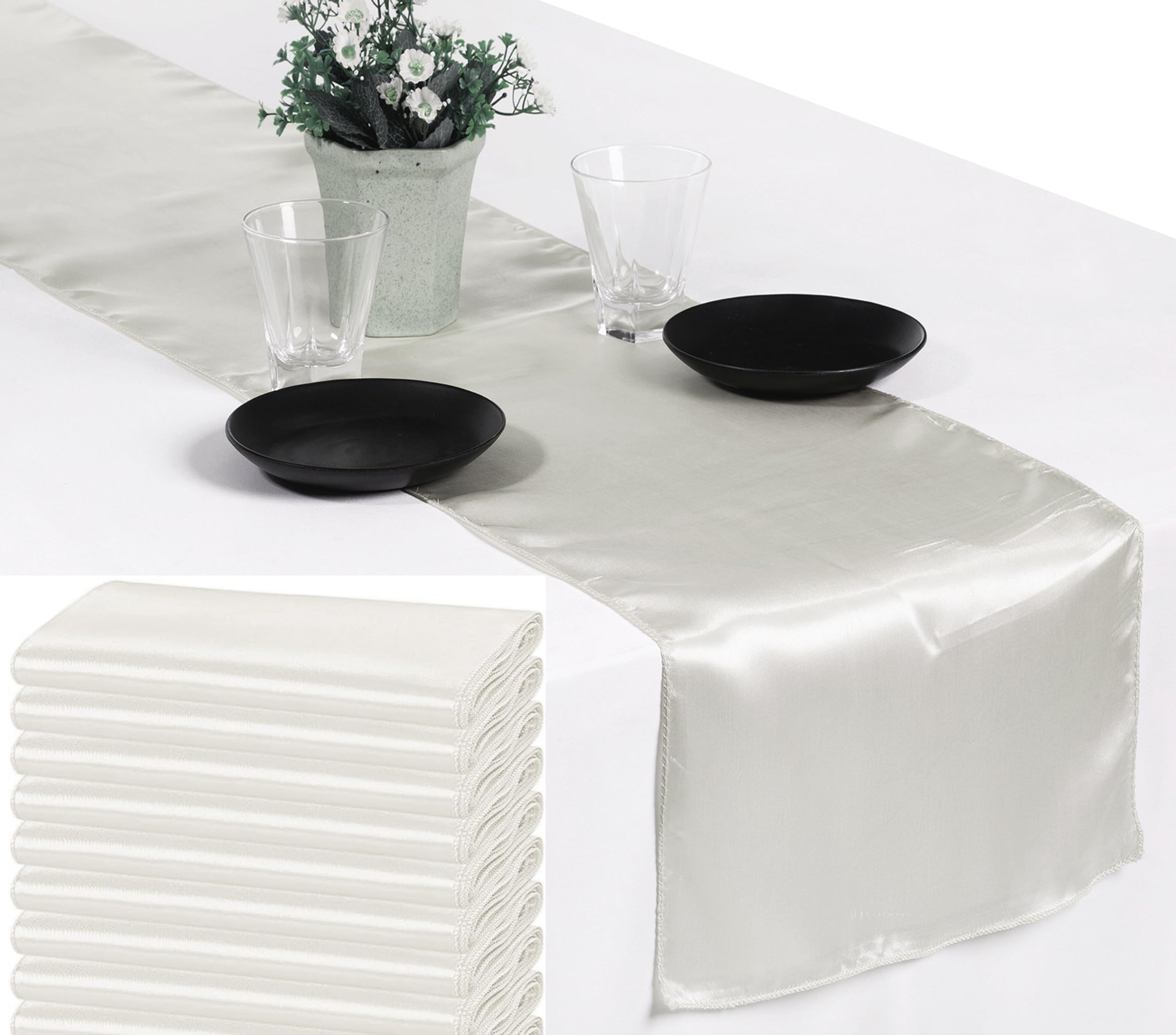 VDS Pack of 15 Satin Table Runners for Wedding & Party Décor 12” x 108”, Smooth Glossy Sateen Fabric Runner, Dining Table Decoration for Reception Banquet & Events Hotel Restaurant - Ivory