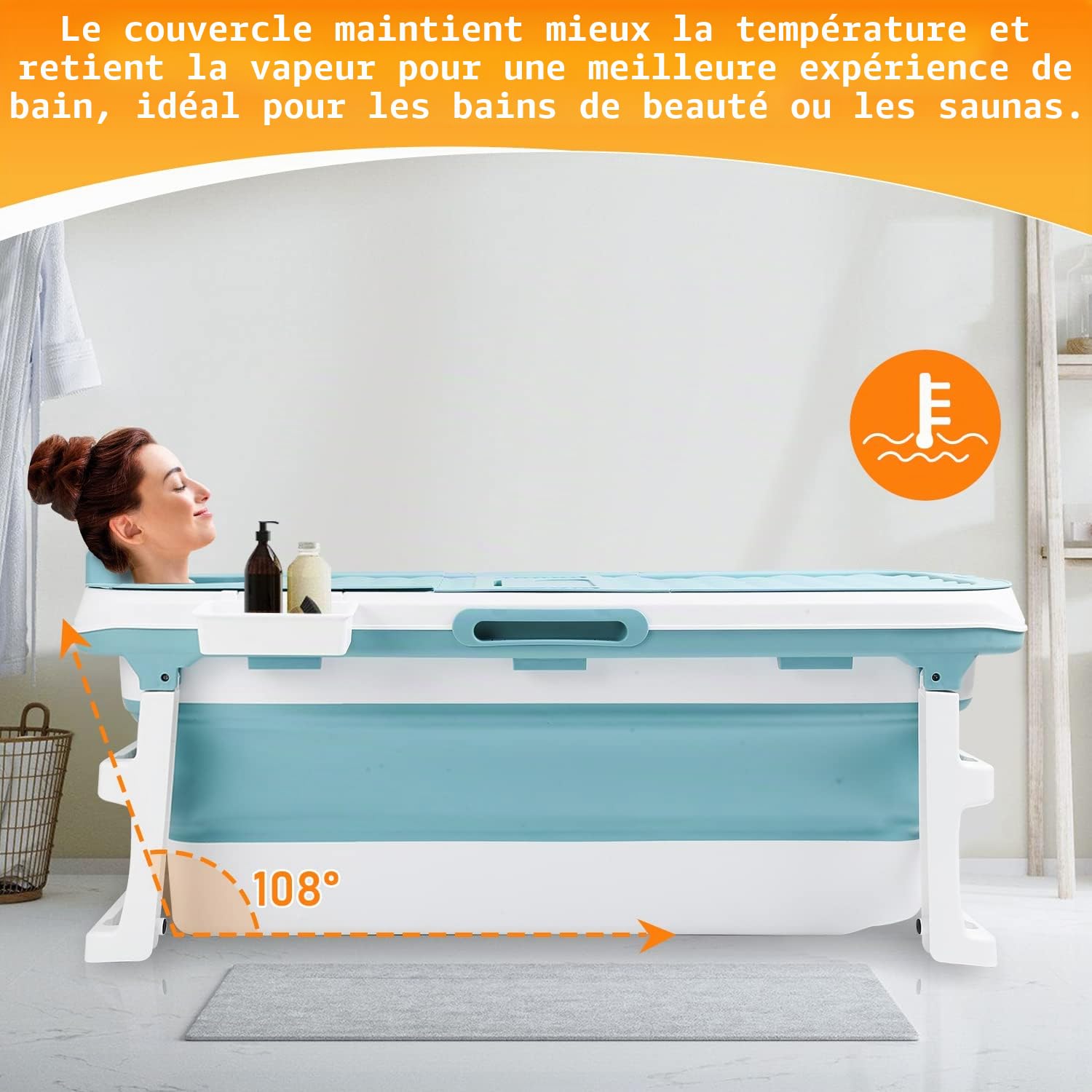Baignoire pliable XXL pour adulte - 149 x 60 x 50 cm - Avec couvercle - Baignoire mobile pliable avec panier pour salle de bain, douche et balcon