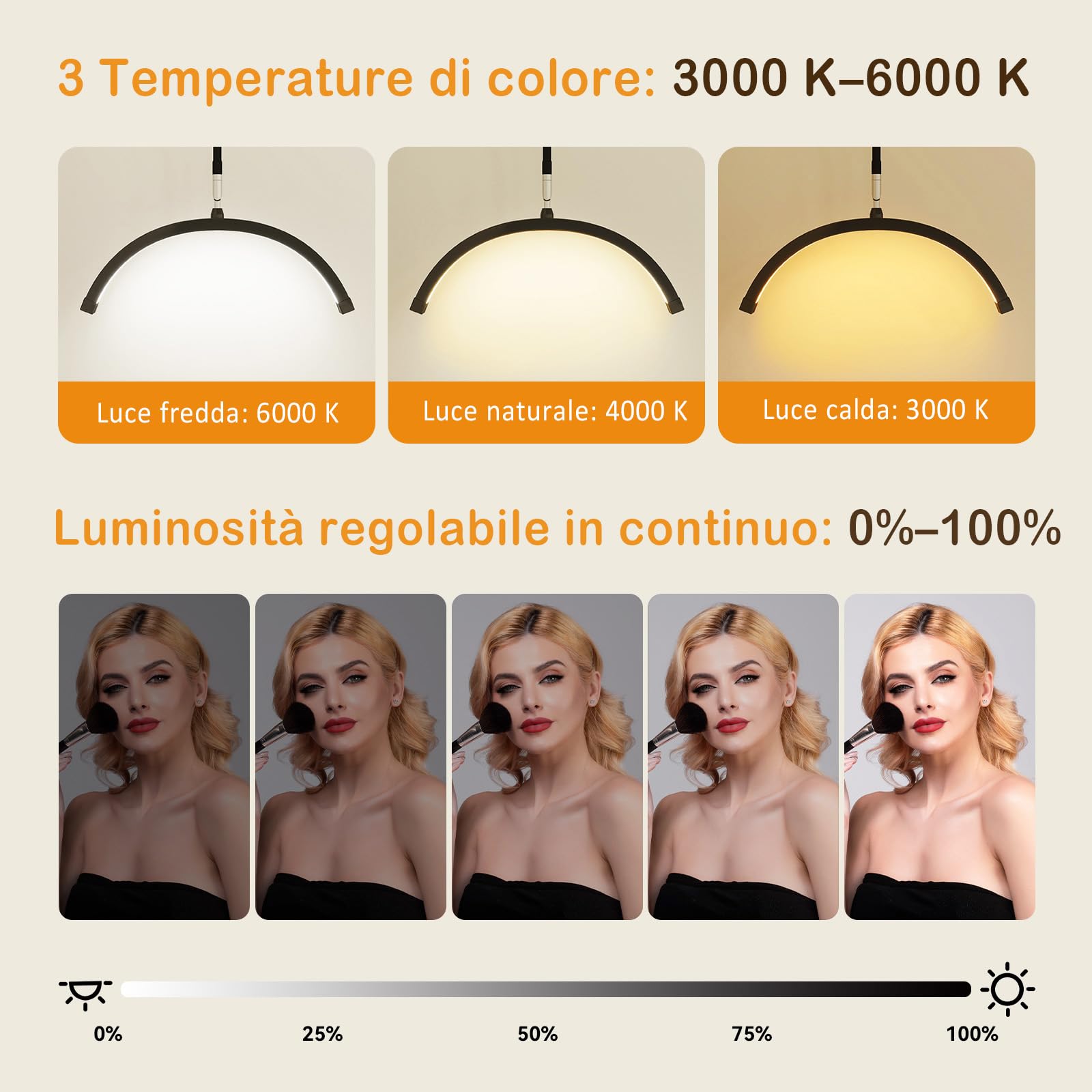YU YUSING Lampada Estetista LED a Mezza Luna con Testa a 320 Gradi, Lampada da Terra Altezza Regolabile, 3 Modalità Colore, Lampada Smart Ciglia, Bellezza, Tatuaggi, Unghie, Vassoio rimovibile, Nero