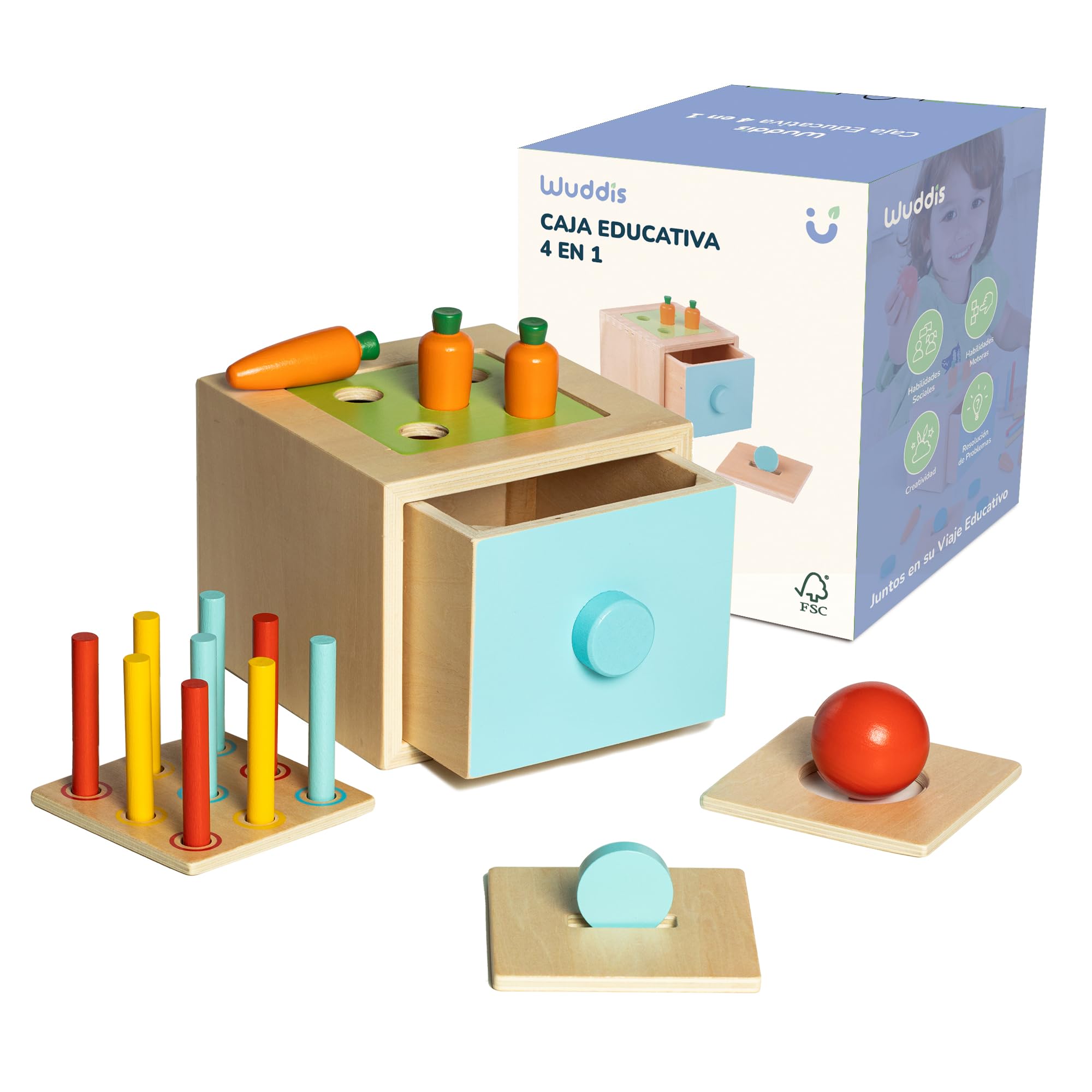Cubo Actividades Bebe 4 en 1 Desde 1 año - Juguetes Montessori de Madera - Caja Permanencia Montessori - Juguete Educativo Seguro con Pintura Ecológica y Certificación FSC