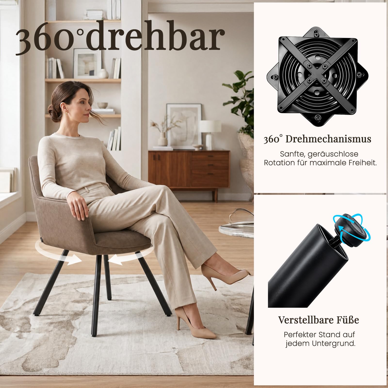 WAFTING Esszimmerstühle 360° drehbar 6er Set, Armlehnstuhl aus Mikrofaser-Velours mit Metallgestell und Lehne, Moderner Polsterstuhl für Esszimmer, Küche, Wohnzimmer, Braun
