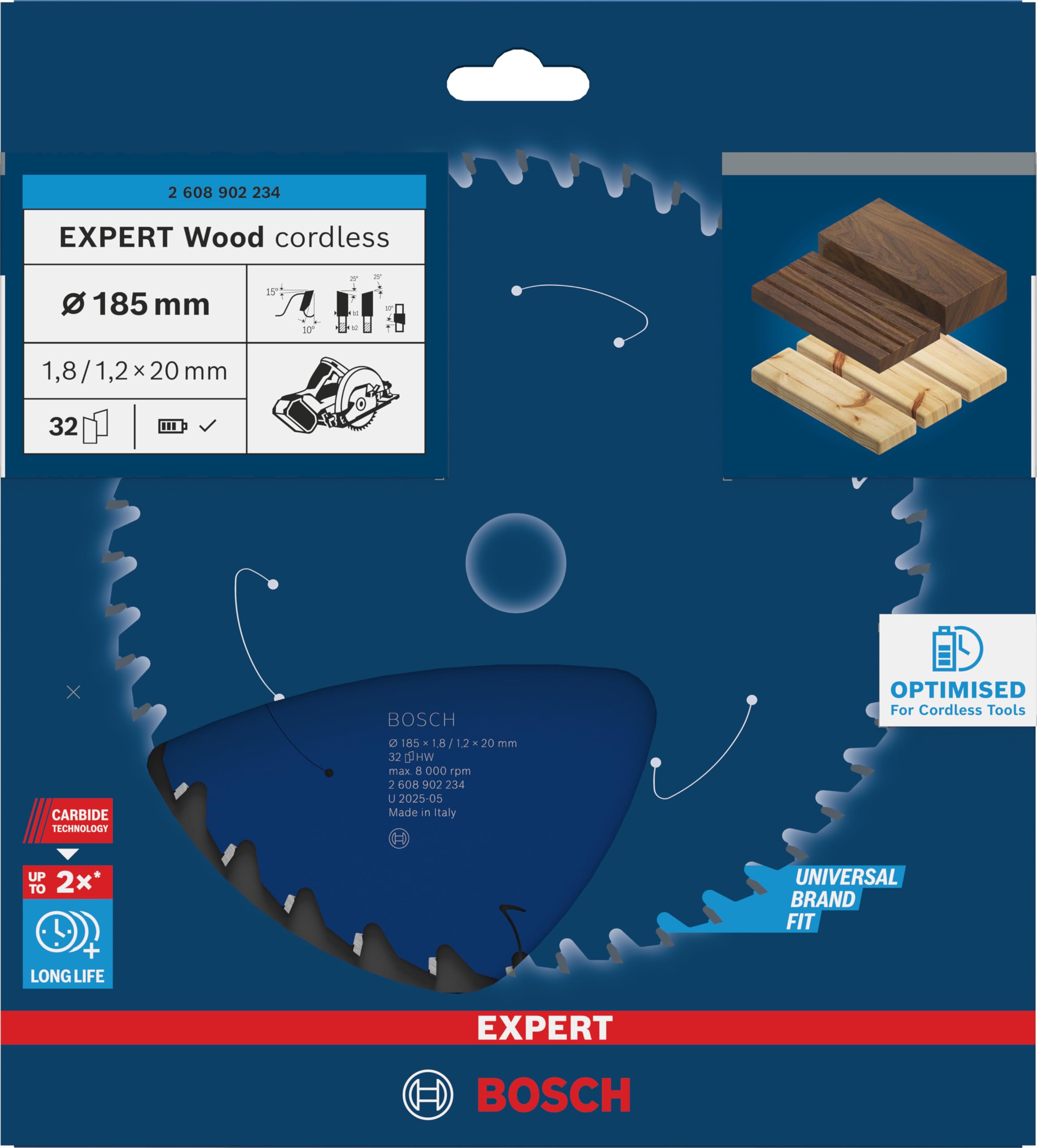 Bosch 1x Lama per sega circolare EXPERT Wood cordless per sega circolare portatile (per Legno tenero, Legno duro, Ø mm, Professional Accessorio Seghe circolari a batteria portatili)