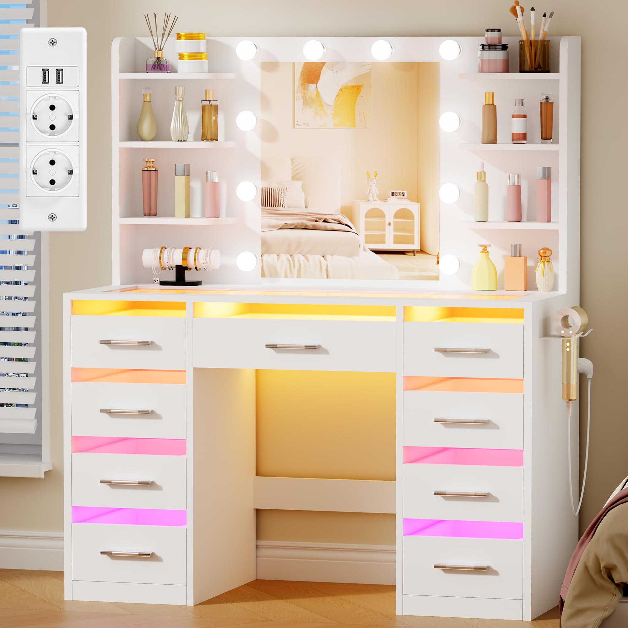 Grande Coiffeuse avec Miroir LED et Éclairage RGB,Plateau en Verre