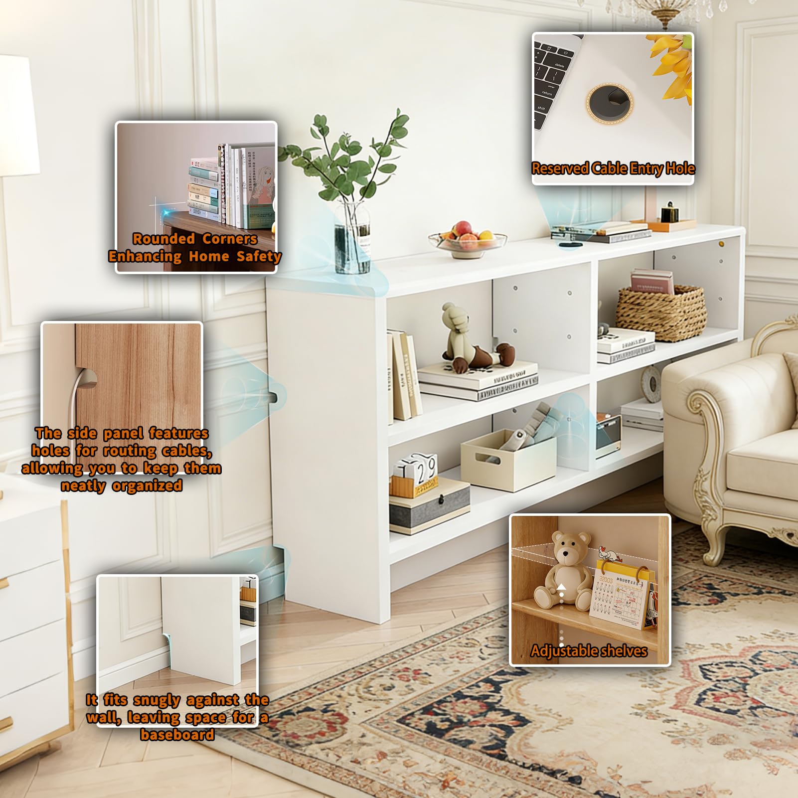 Tavolo consolle rustico con 2 livelli, ripiani regolabili, tavolo da corridoio in legno, tavolo da divano con fori per cavi, 150 x 15 x 69 cm, elegante mobile da ingresso
